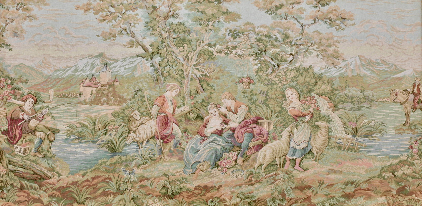 Aubusson Style Tapestry: Aubusson Style Tapestry Le Prince en Voyage, after François Boucher, 20th Century. Machine made, woven in wool, representing figures in an exotic tea garden with palm trees, flowers before a lake. in