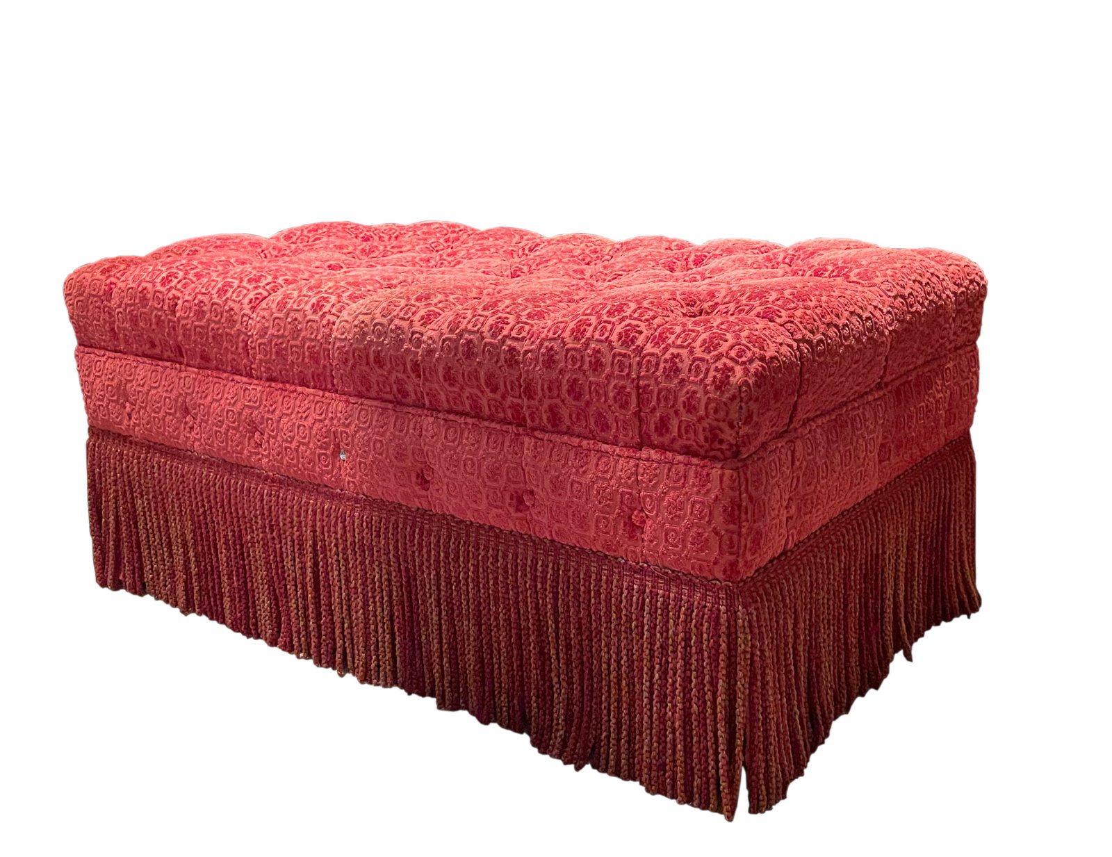 Traditional Rust Cut-Velvet Tufted Upholstered Ottoman: Traditional Rust Cut-Velvet Tufted Upholstered Ottoman Rectangular, the lower part with a fringe skirt. Height 17 in. (43 cm.), Width 42 in. (107 cm.), Depth 25 in. (63.5 cm.)