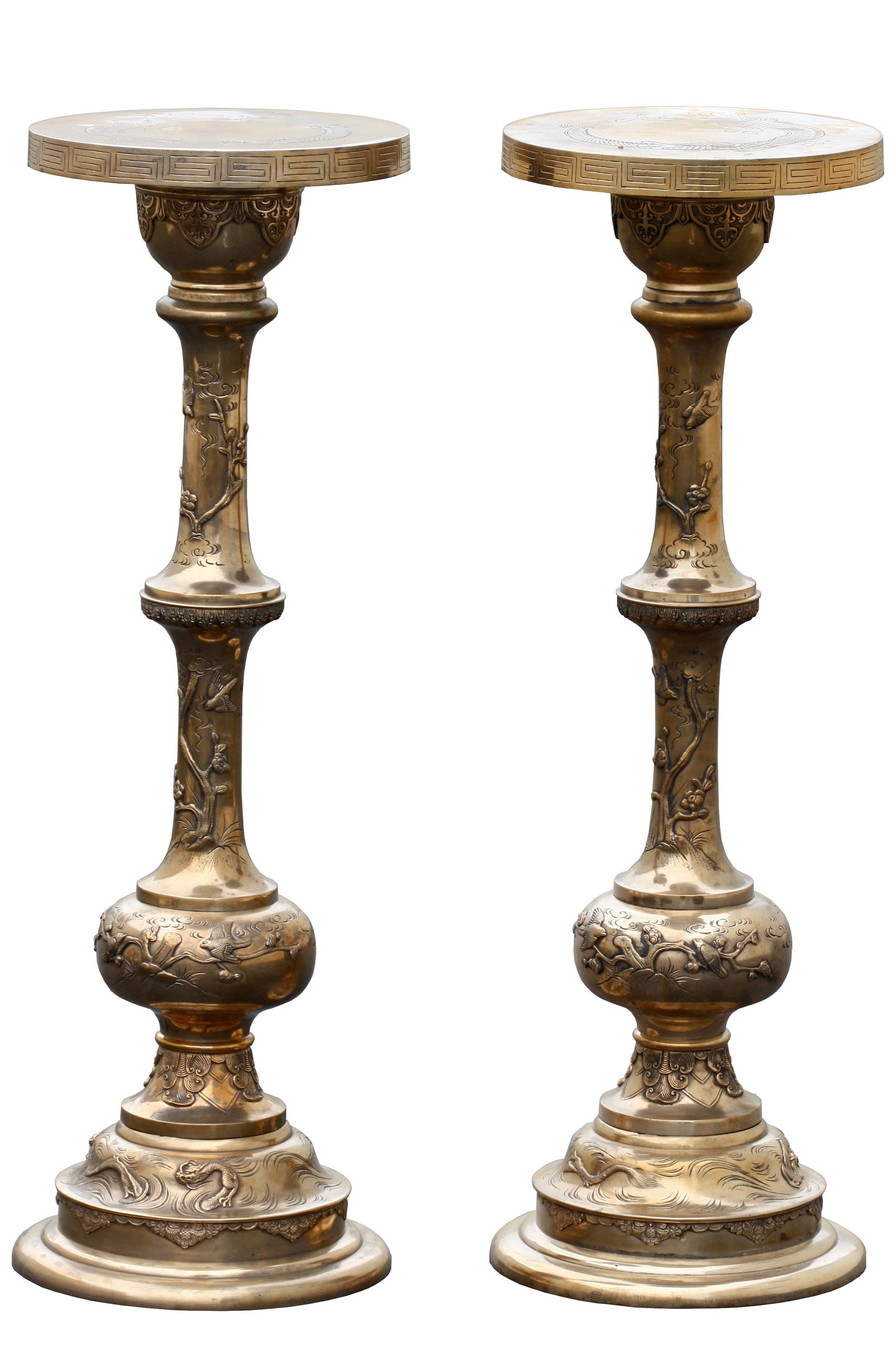 Pair of Chinese Brass Pedestal Stands: Pair of Chinese Brass Pedestal Stands 19/20th Century. Chased with varied Asian motifs. Height Diameter