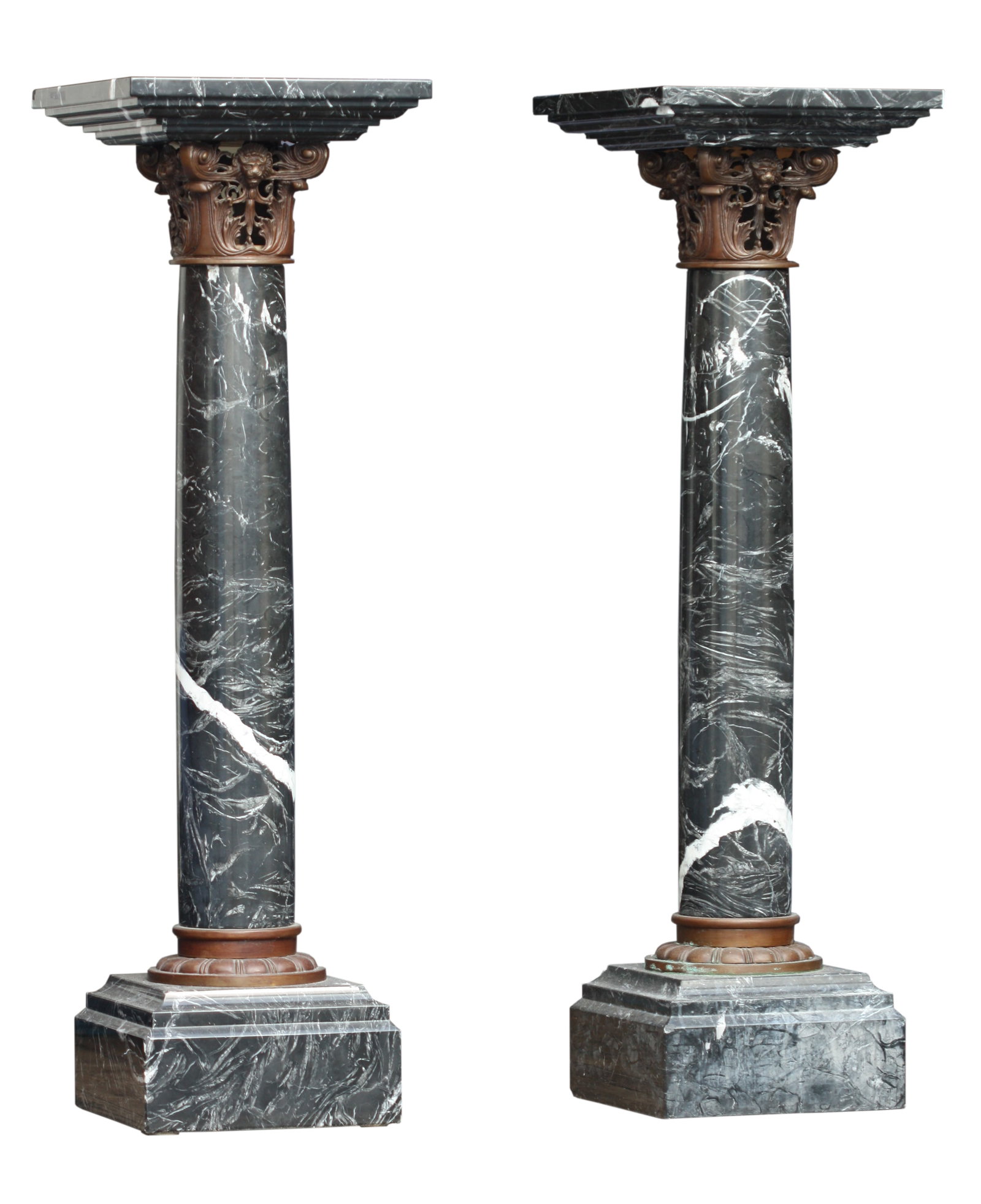 Pair of Napoleon III Style Marble and Patinated Bronze Pedestals: Pair of Napoleon III Style Marble and Patinated Bronze Pedestals, Mid-20th Century. The black marble with white veins. Height 41.5 in., (105 cm.) tops 12.5 inches square (32 cm.)