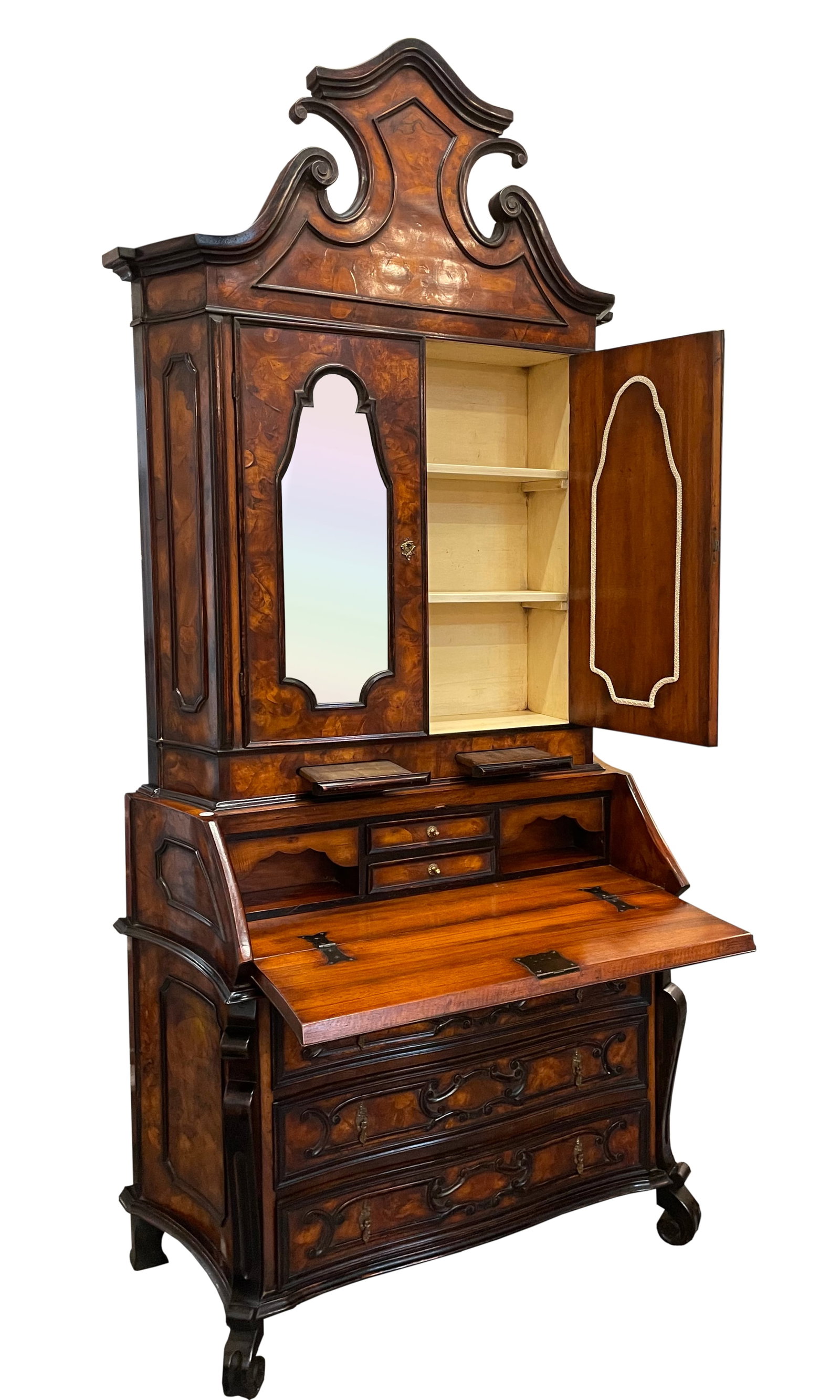 Venetian Rococo Style Burl Walnut Secretary Bookcase: Venetian Rococo Style Burl Walnut Secretary Bookcase In two parts, The upper with a molded serpentine cresting incorporating a swans neck cornice, above two mirror-inset shaped doors, opening to shelv
