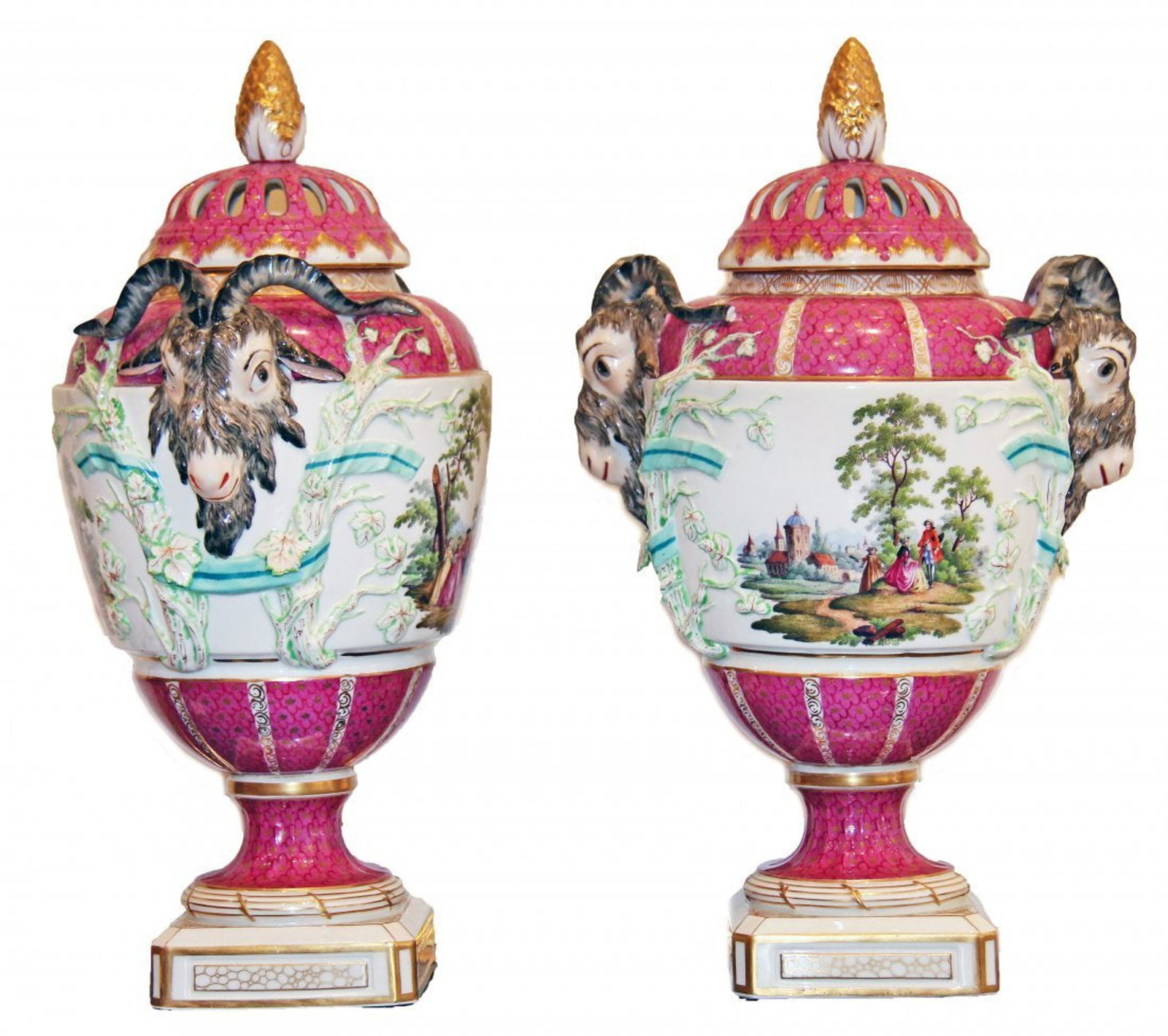 Pair of Berlin Porcelain Covered Urns: Pair of Berlin Porcelain Covered Urns 19th Century, the undersides with a scepter in under-glaze blue. Each in a Neoclassical style with rams heads and molded ribbon-entwined branches, Each side with 