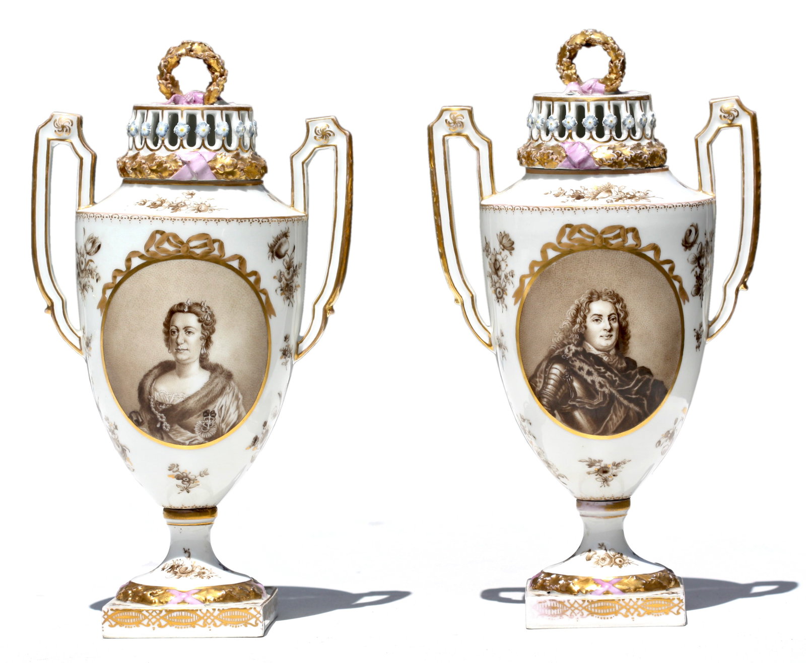 Pair of German En Grisaille Decorated Porcelain Lidded Urns: Pair of German En Grisaille Decorated Porcelain Lidded Urns 19th Century, the underside marked with an AR (for Augustus Rex) in under-glazed blue. Each with squared pistol handles, the tapered bodies 