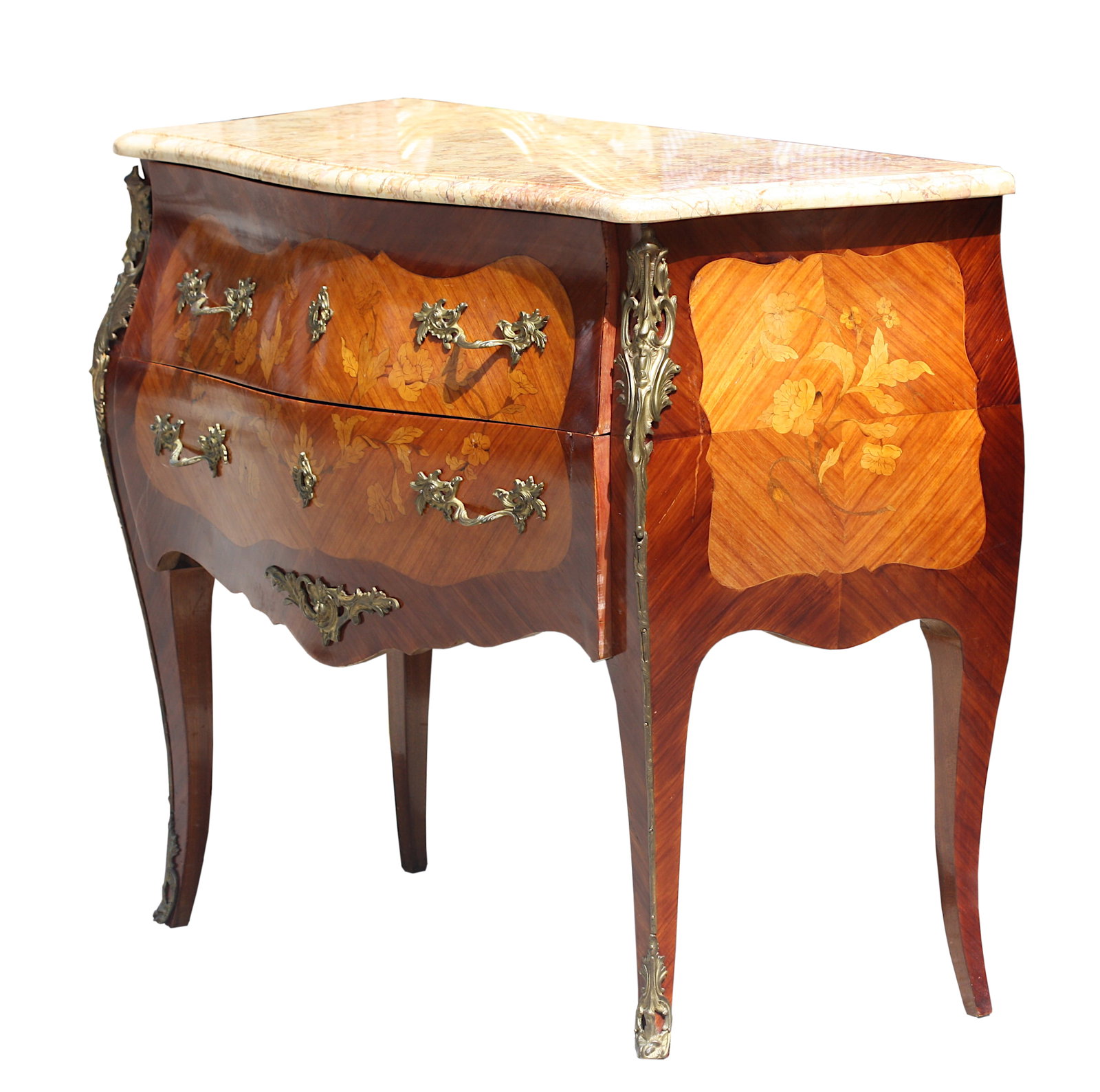 Louis XV Style Bronze Mtd. Marble Top Fruitwood Marquetry Commode (1 of 8)