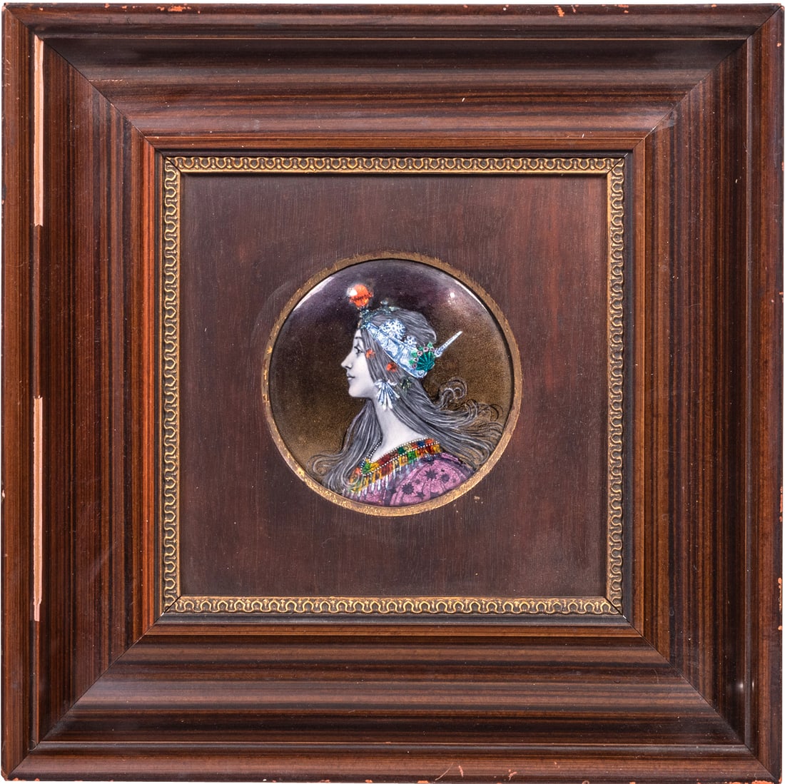 European Enamel on Copper Roundel of a Princess: European Enamel on Copper Roundel of a Princess Late 19th/early 20th Century, probably French, Limoges. In profile, with well-coiffed long hair, surmounted by a crown clothed in pink and jewels, frame