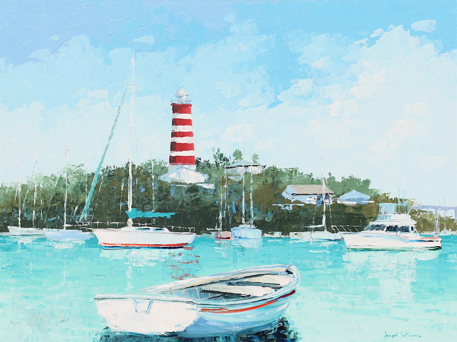 Joseph La Pierre, (American, 20th/21st Century), Painting: Joseph La Pierre, (American, 20th/21st Century) Untitled (Lighthouse before a Harbor), signed lower right, oil on canvas 36 by 48 in., overall, in a metal frame, 37.5 by 49.5 in.