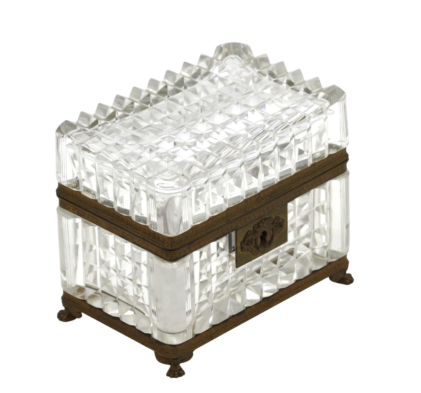 French Bronze Mounted Cut-Glass Rectangular Box: French Bronze Mounted Cut-Glass Rectangular Box Circa 1870, with a hinged lid, classical mounts and cut with diamonds. Height 4.25 in., Width 5.25 in., Depth 3.5 in.