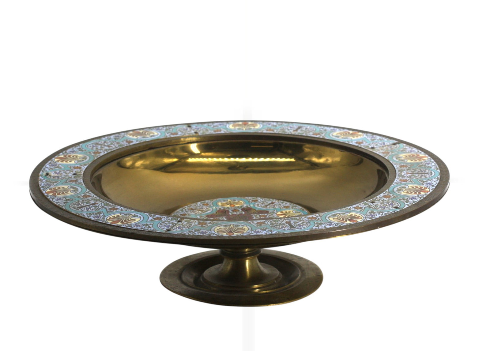 French Champleve Enamel on Brass Centerpiece Bowl: French Champleve Enamel on Brass Centerpiece Bowl The dished bowl with a center enamel plaque with stylized motifs, the rim also mounted with a conformingly decorated pieced border, on a knobbed stem 