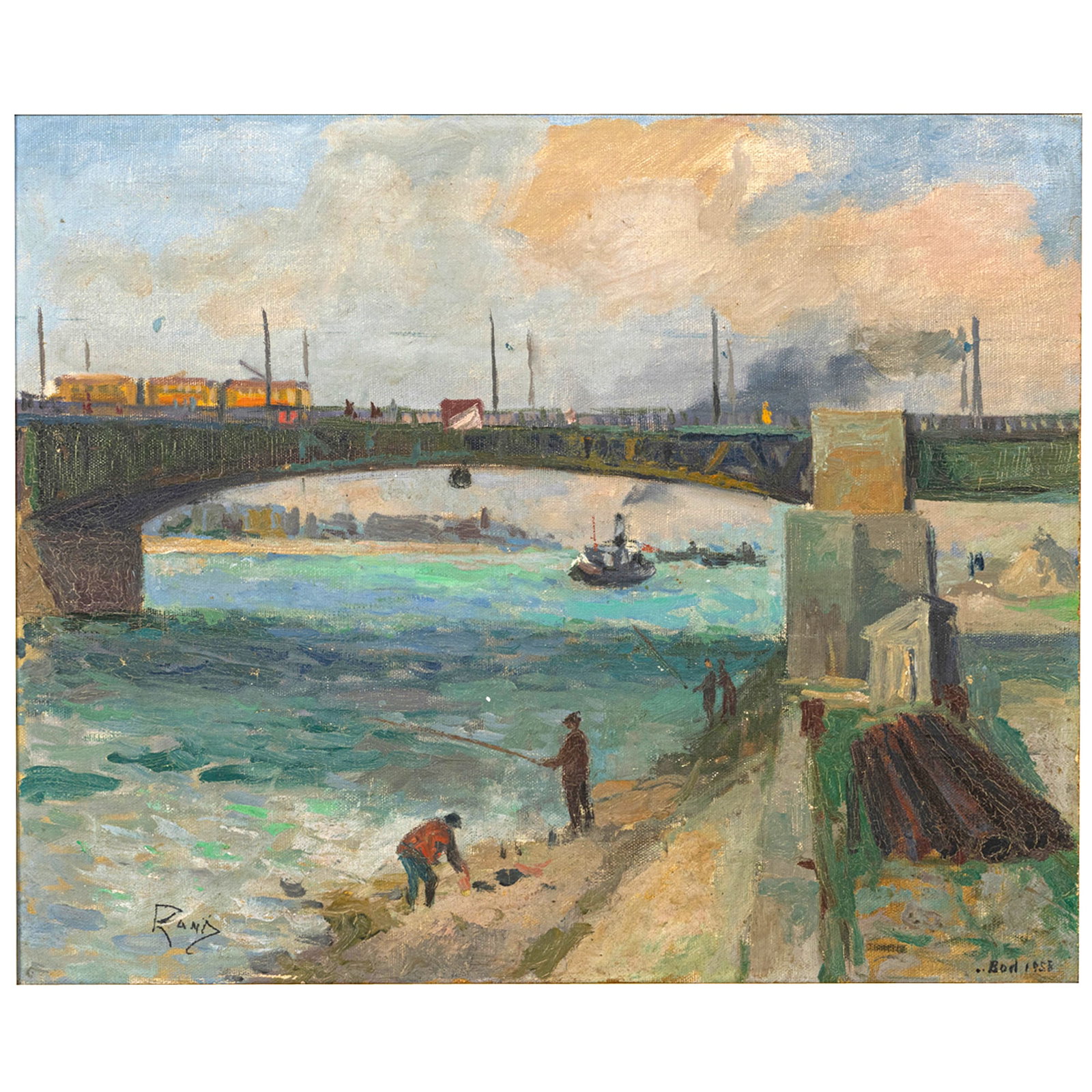 Continental School, 20th Century Painting: Continental School, 20th Century PaintingIndustrial Cityscape, with Bridge Over a River inscribed Rand, l.l., signed Bod, dated 1958, l. r., oil on board 24 by 19.5 in. (61 by 50 cm.), overall, 31 by 