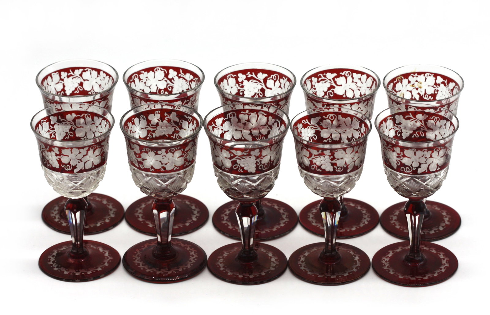 Set of Ten Bohemian Ruby Flashed Cut Glass Cordials (1 of 7)