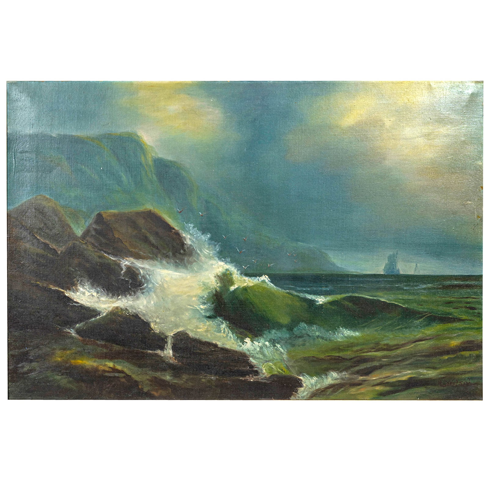 European School, 20th Century, Painting: European School, 20th Century Coastal Scene, signed indistinctly, l. r., oil on canvas Canvas: 35 by 23.5 in. (89 by 60 cm.), overall, 45 by 33 in. (114 by 84 cm.)