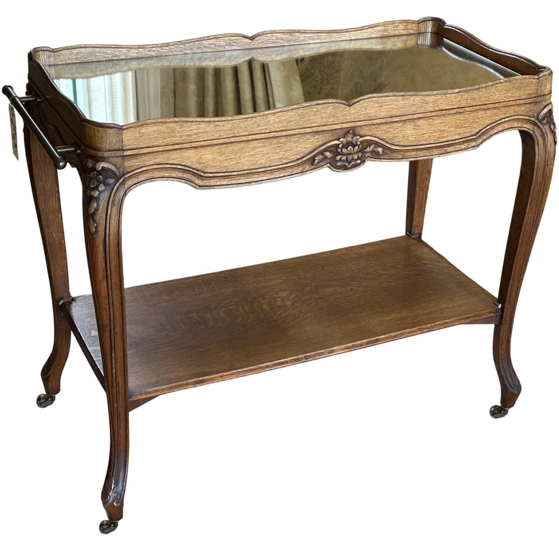 Louis XV Style Mirror Mounted Wood Serving Table: Louis XV Style Mirror Mounted Wood Serving Table Rectangular, with a wooden gallery, and brass hand-hold at one side, on cabriole legs, joined by a shelf stretcher. Height 30 in. (16.2 cm.), Width 35 