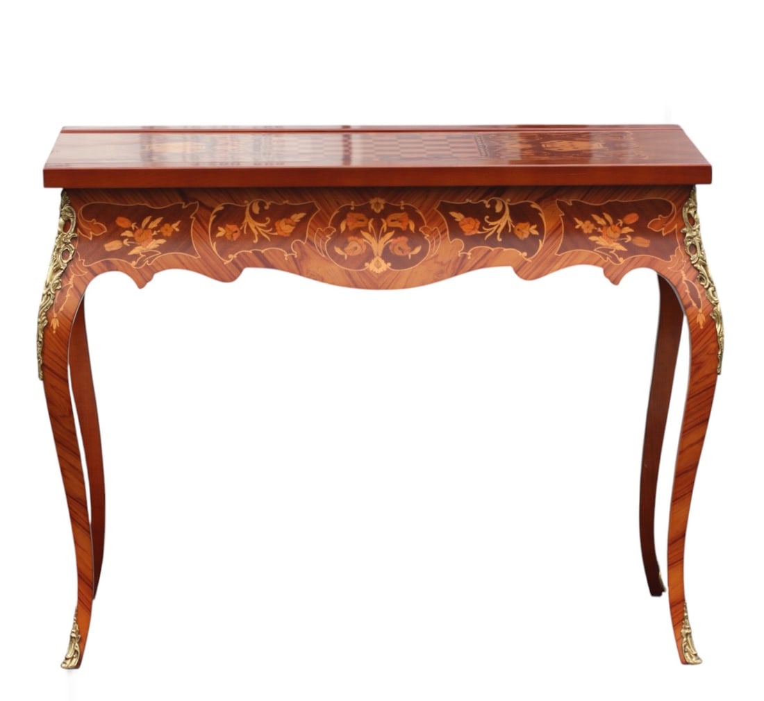 Louis XV Style Various Wood Faux Marquetry Gaming Table: Louis XV Style Various Wood Faux Marquetry Gaming Table Rectangular with a sliding top hinged at one side flipping to reveal a roulette surface, the interior with a roulette wheel, a well to hold a ch
