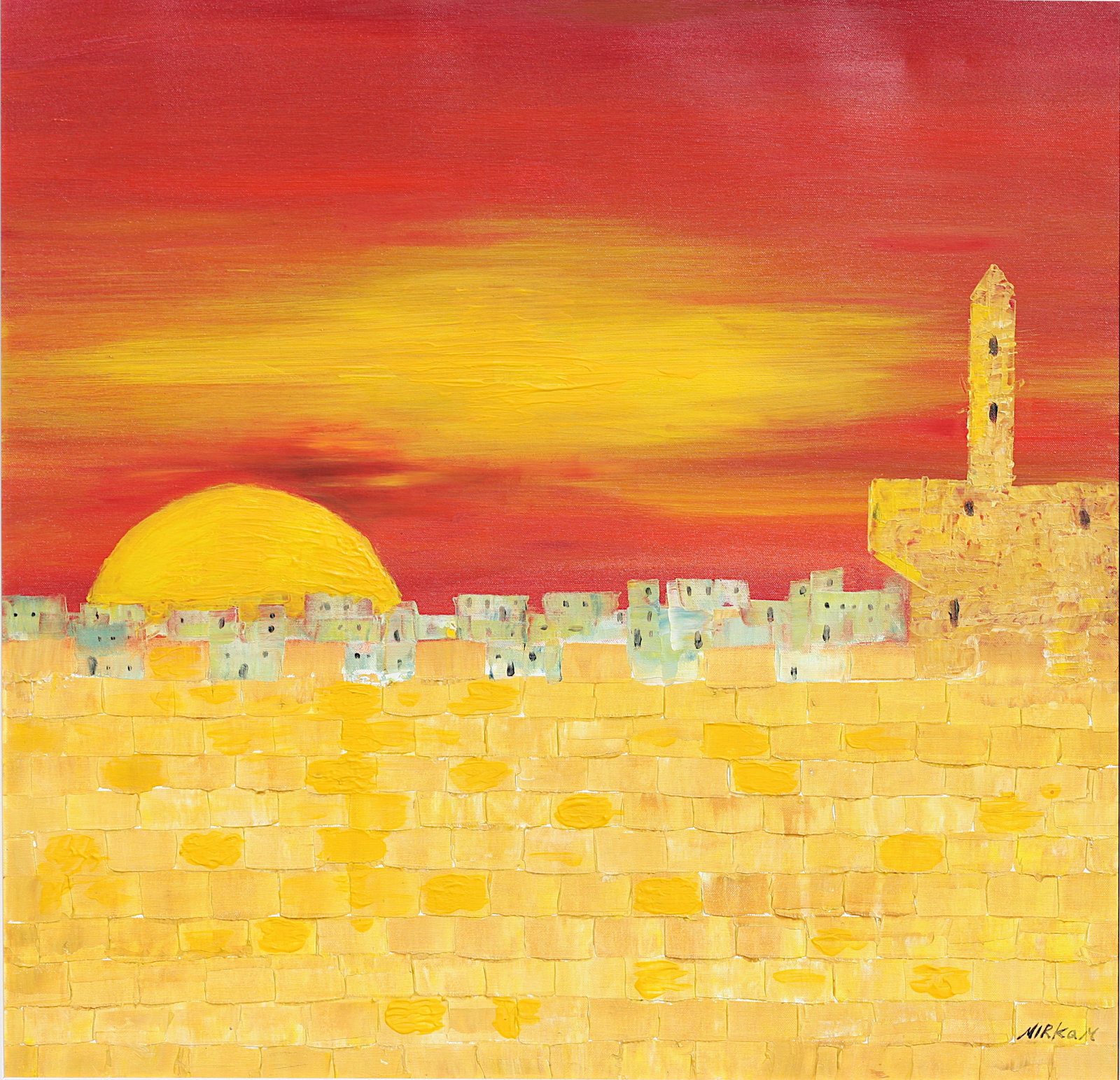 Mirkam (?), 20th Century, Painting: Mirkam (?), 20th Century Modernist City Landscape, The Wailing Wall, oil on canvas, signed lower right 32 by 32 in., overall, 33.5 by 33.5 in.