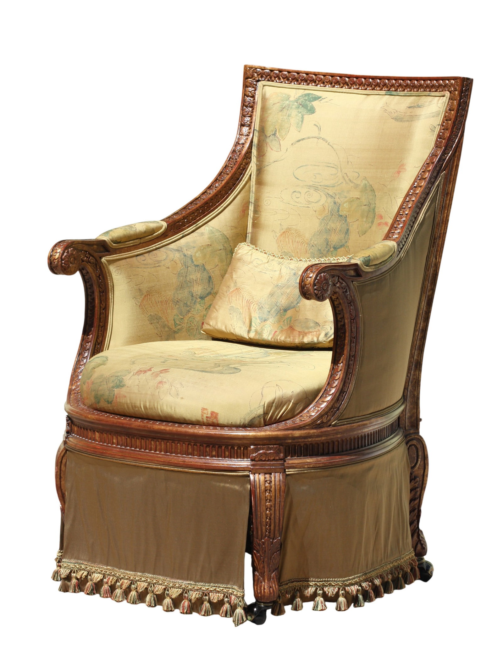 Louis XV/XVI Style Beech Wood Desk Chair: Louis XV/XVI Style Beech Wood Desk Chair The curved back and arms are carved with leaf-tips and interlaced links, on a revolving support, on similarly carved S-scrolled legs, with a skirt from seat to