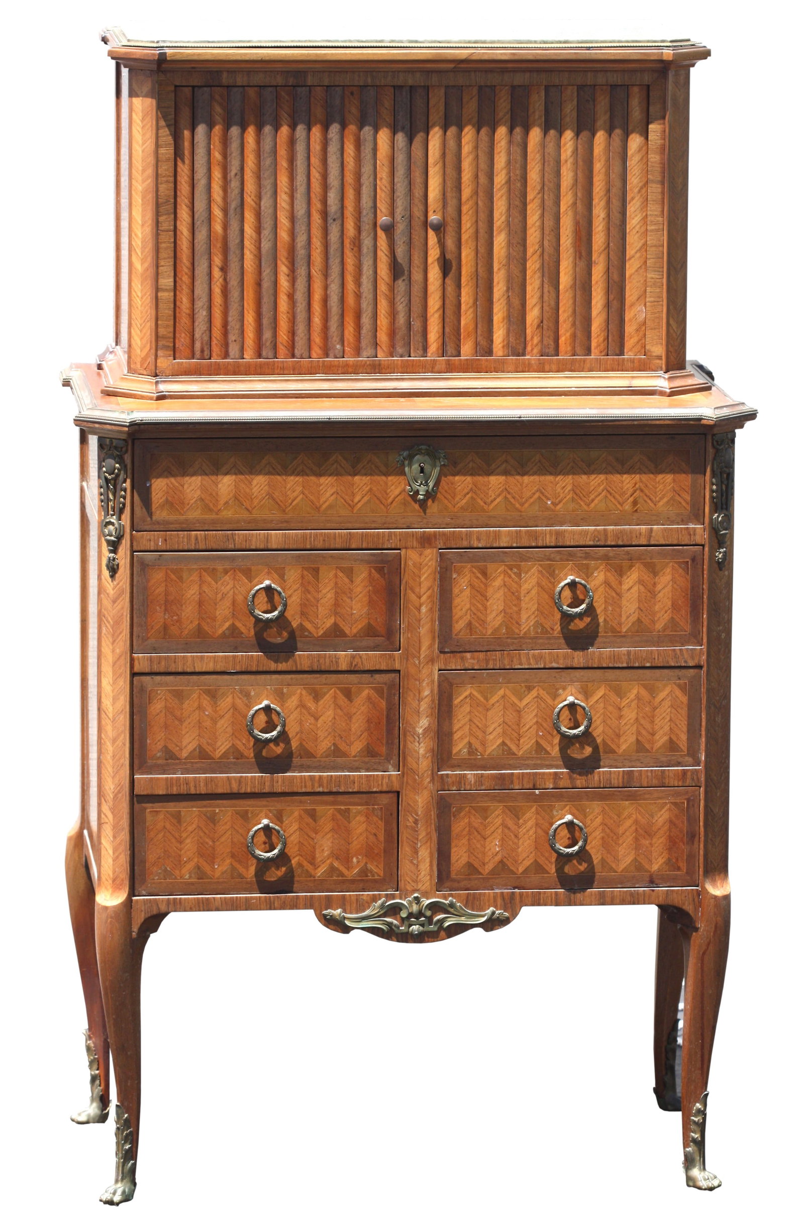 Napoleon III style Gilt Bronze Mounted Writing Cabinet: Napoleon III style Gilt Bronze Mounted Writing Cabinet Circa 1880, possibly Maison Diehl, Paris. With tambour slides, and drawers. Height 49.75 in. (126.36 cm.), Width 29 in. (73.50 cm.), Depth 17 in.