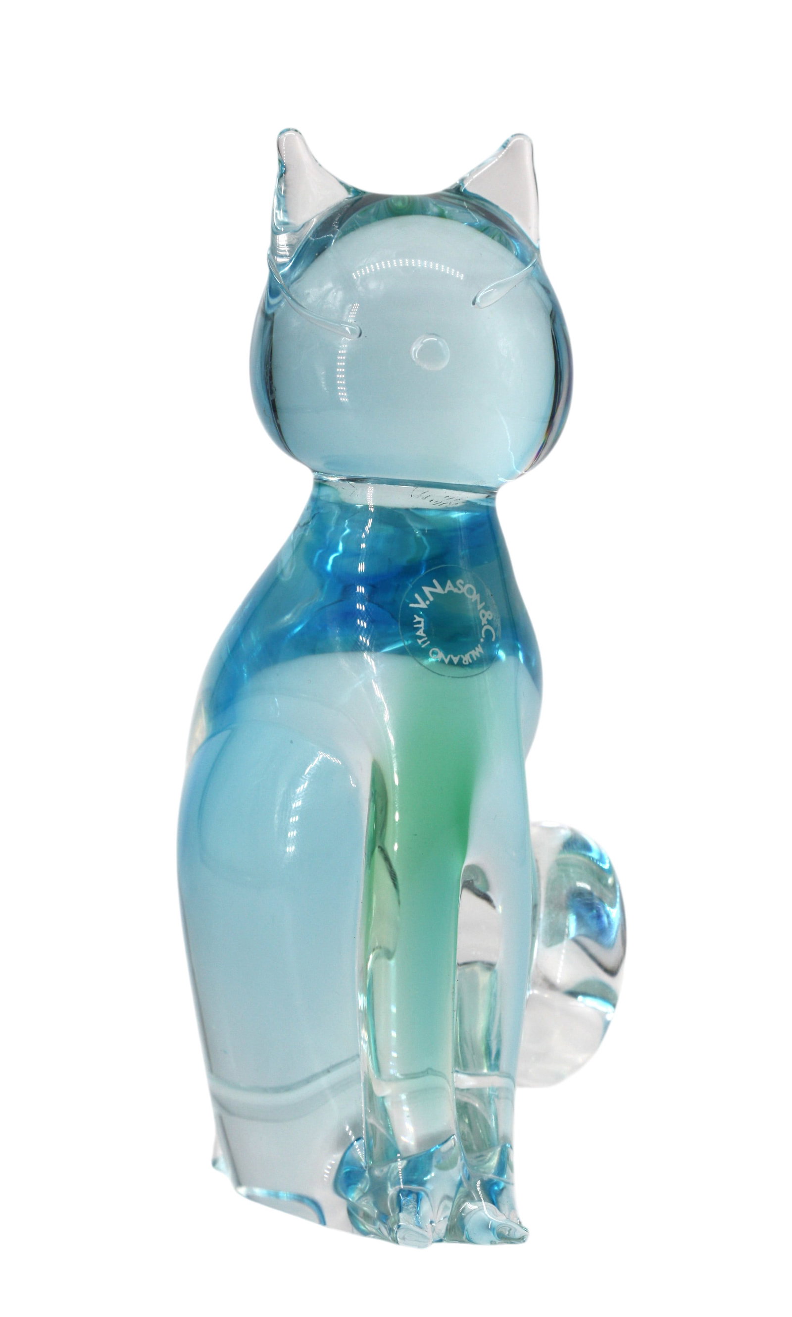 Murano Figure of a Cat: Murano Figure of a Cat V. Nason & Co., Murano, Italy. colored with a aqua to clear transparency. Height 7 in., Width 3 in., Depth 3.5 in.