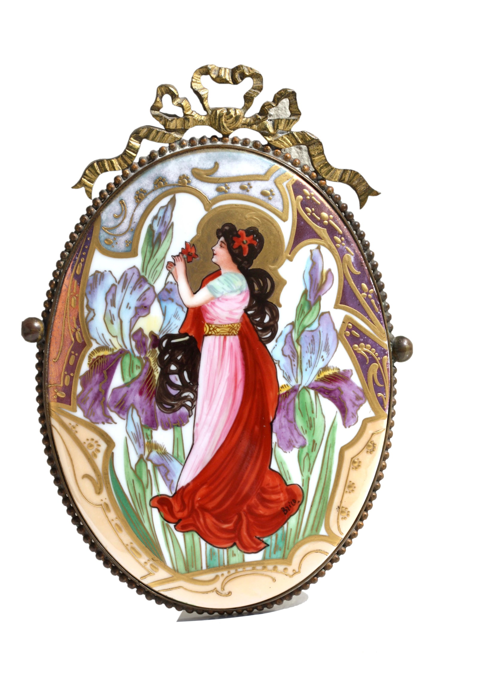 Art Nouveau Porcelain Plaque: Art Nouveau Porcelain Plaque Circa 1900, German. The painted oval with a beauty holding a rose, after Nathaniel Sichel, (1843-1907), impressed C above 170, within a gilt metal frame. Height 6.5 in. (1