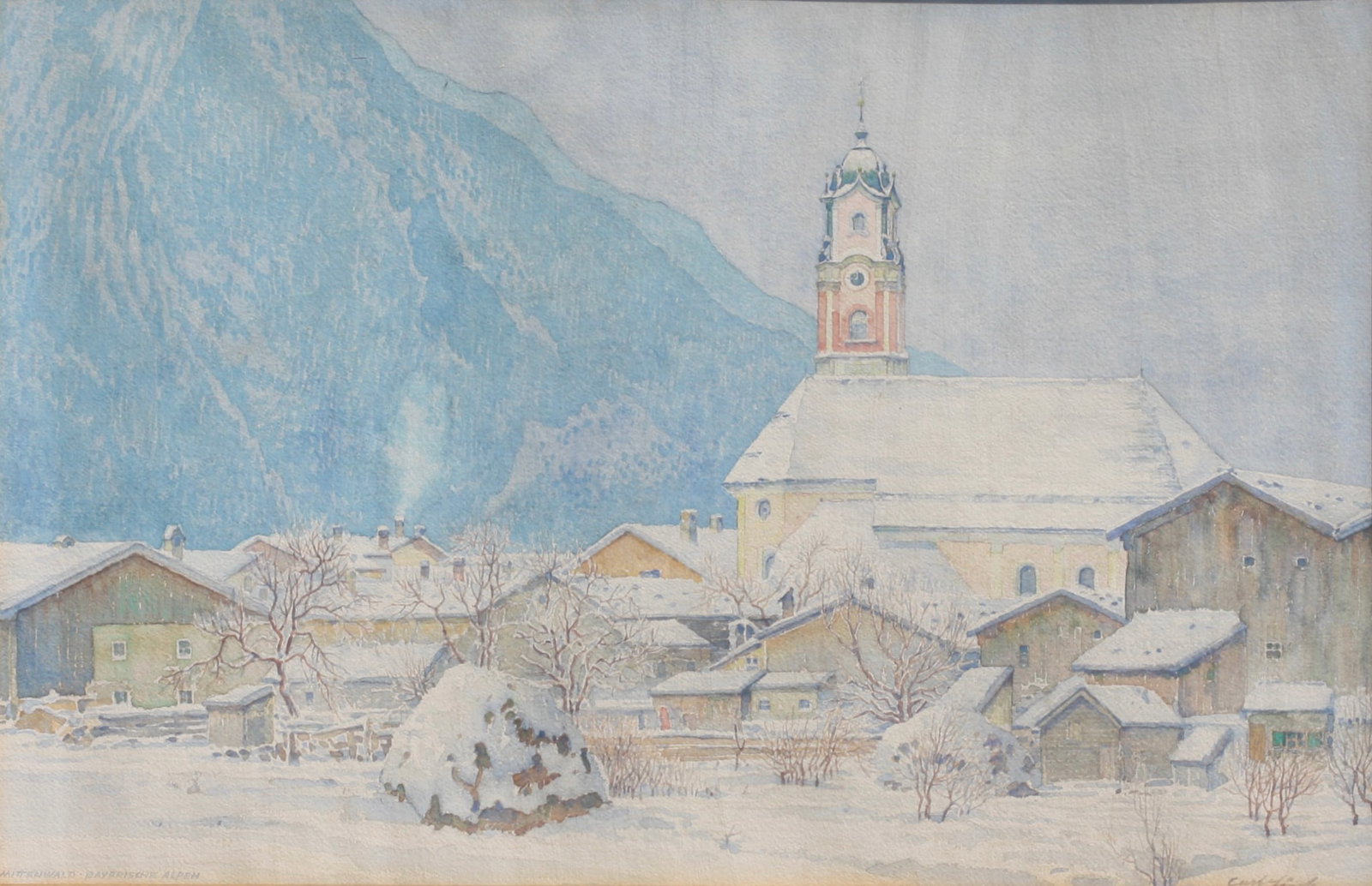 Carl Link, (German, 1887-1968) Watercolor: Carl Link, (German, 1887-1968) Watercolor Titled, Mittenwald-Bayerische Alpen, watercolor on paper, signed Carl Link (lower right), 31.5 by 22 in. (80 cm. by 57.15 cm.) Provenance: By repute, formerly