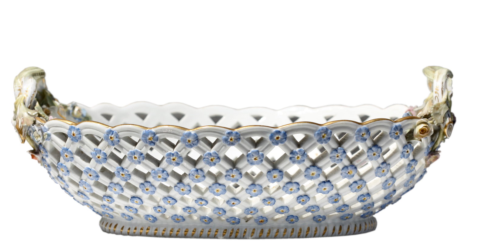 Meissen Porcelain Reticulated Two-Handled Basket: Meissen Porcelain Reticulated Two-Handled Basket late 19th century. Of oval outline, pierced to resemble a basketweave, applied with flowerheads and flanked by entwined branch handles, painted to cent