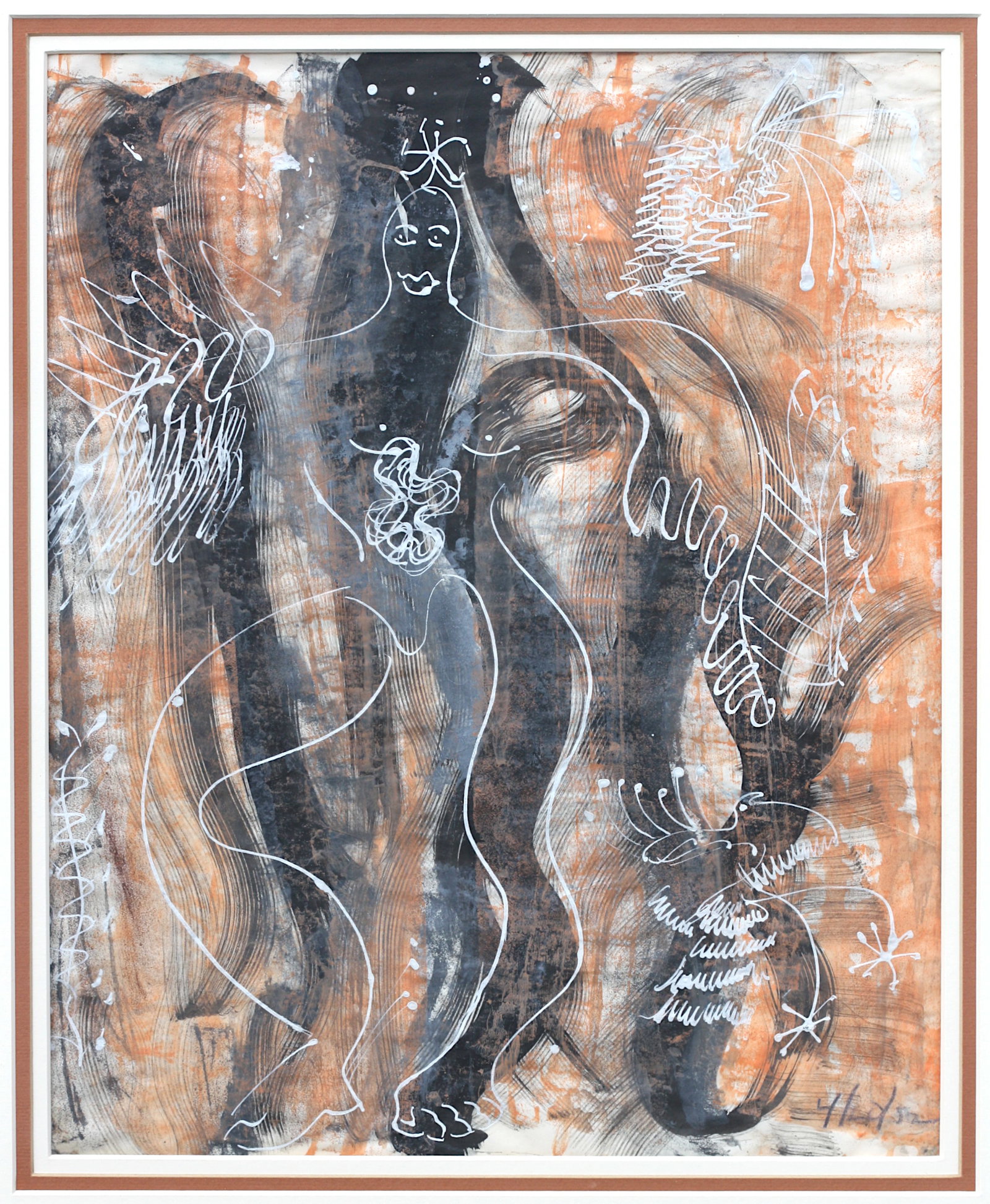 Irene Rice Pereira, (American, 1902-1971): Irene Rice Pereira, (American, 1907-1971) Surrealist Composition with Figure,watercolor on paper, appears unsigned, dated 4/20/52, lower right site 16 by 13 in., overall, matted, framed 22.5 by 19.5 i