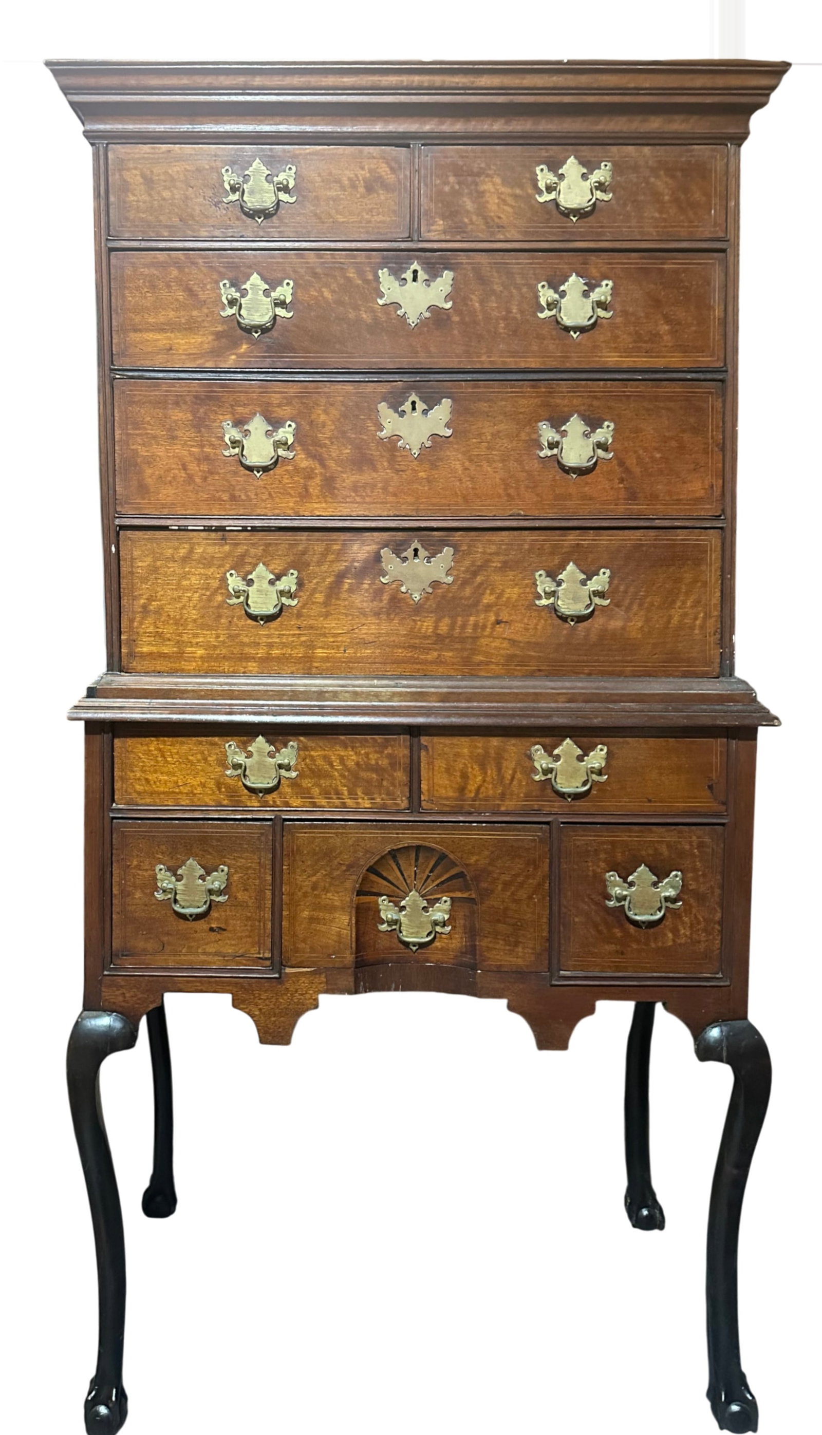 Queen Anne Inlaid Walnut Flat-Top High Boy: Queen Anne Inlaid Walnut Flat-Top High Boy 18th Century. In two parts, the upper part fitted two short over three line-inlaid drawers, the lower part with an arrangement of five drawers, the centermos