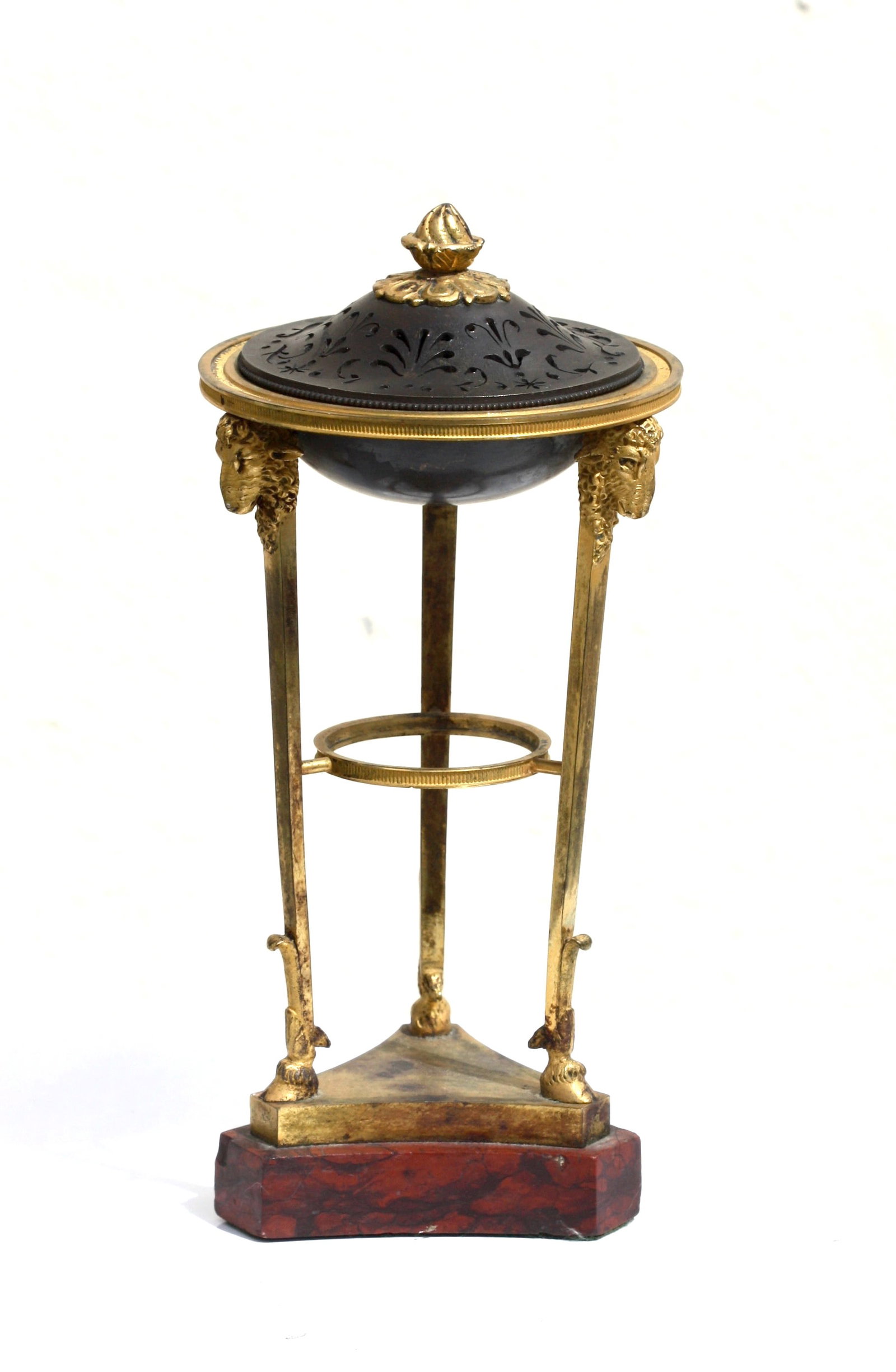 Louis XVI Ormolu and Patinated Bronze Potpourri: Louis XVI Ormolu and Patinated Bronze Potpourri Mid to late 19th Century. The circular bowl raised on tripartite supports headed by rams heads, above a rouge marble base. Height 8.5 inches, Width 3.75