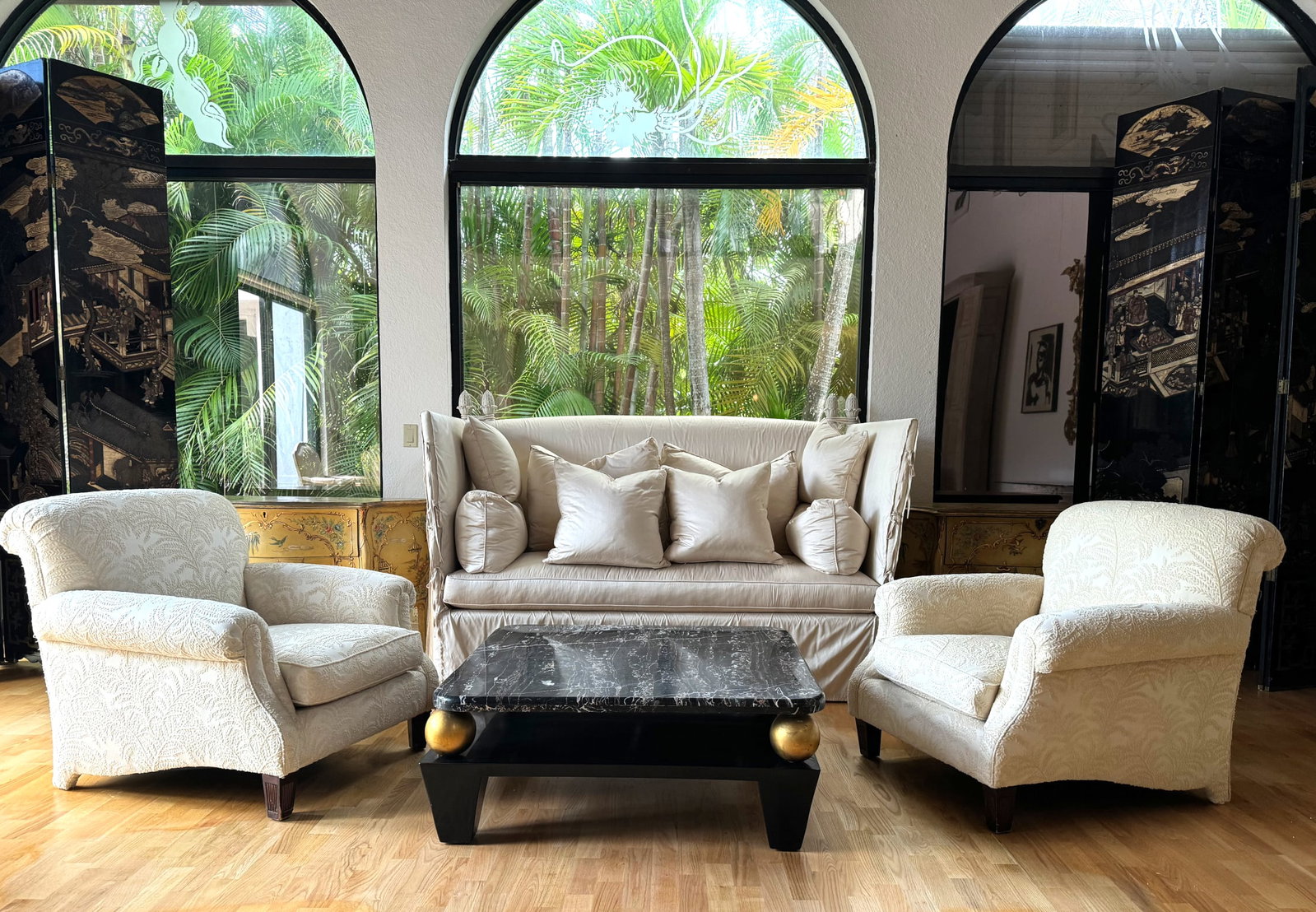 Pair of Traditional Oversized Club Chairs: Pair of Traditional Oversized Club Chairs Upholstered in a cream textured cotton blend fabric, with rolled-back cresting and arms. Height overall, 34 in., Width 30 in., Depth of seat 26 in., Depth ove