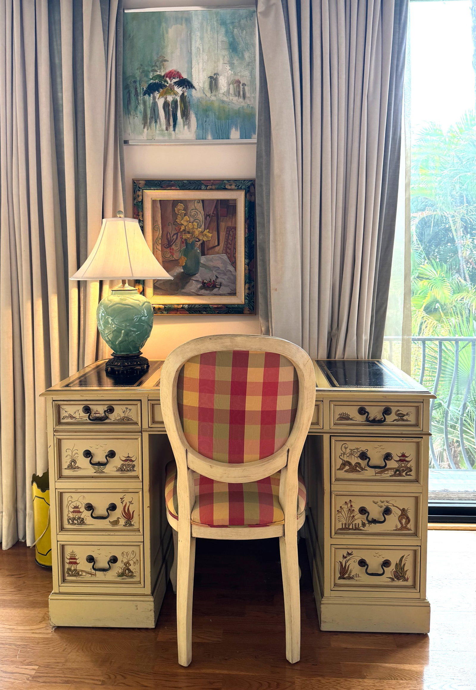 George III Style Chinoiserie Pedestal-Form Desk & Side Chair: George III Style Chinoiserie Decorated Pedestal-Form Desk The rectangular molded top with a tri-part leather-inset top, with a center frieze drawer, flanked by an arrangement of four drawers on each s