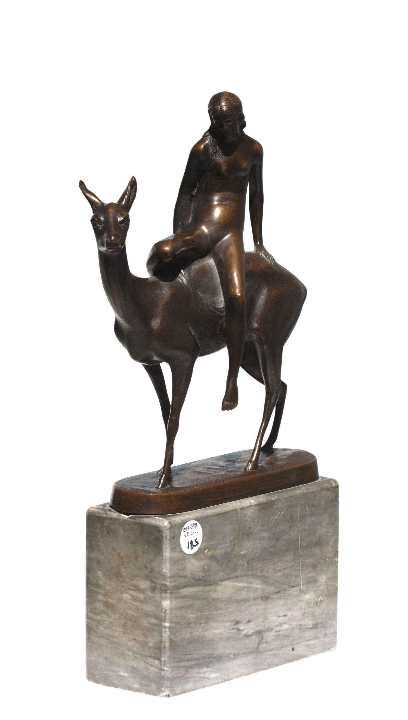 Mid-Century Patinated Bronze of a Female Nude Atop a Doe: Mid-Century Patinated Bronze of a Female Nude Atop a Doe Probably France or American, unsigned. The figural group with an oval bronze base, atop a gray marble base. Height of bronze 12 in., Width