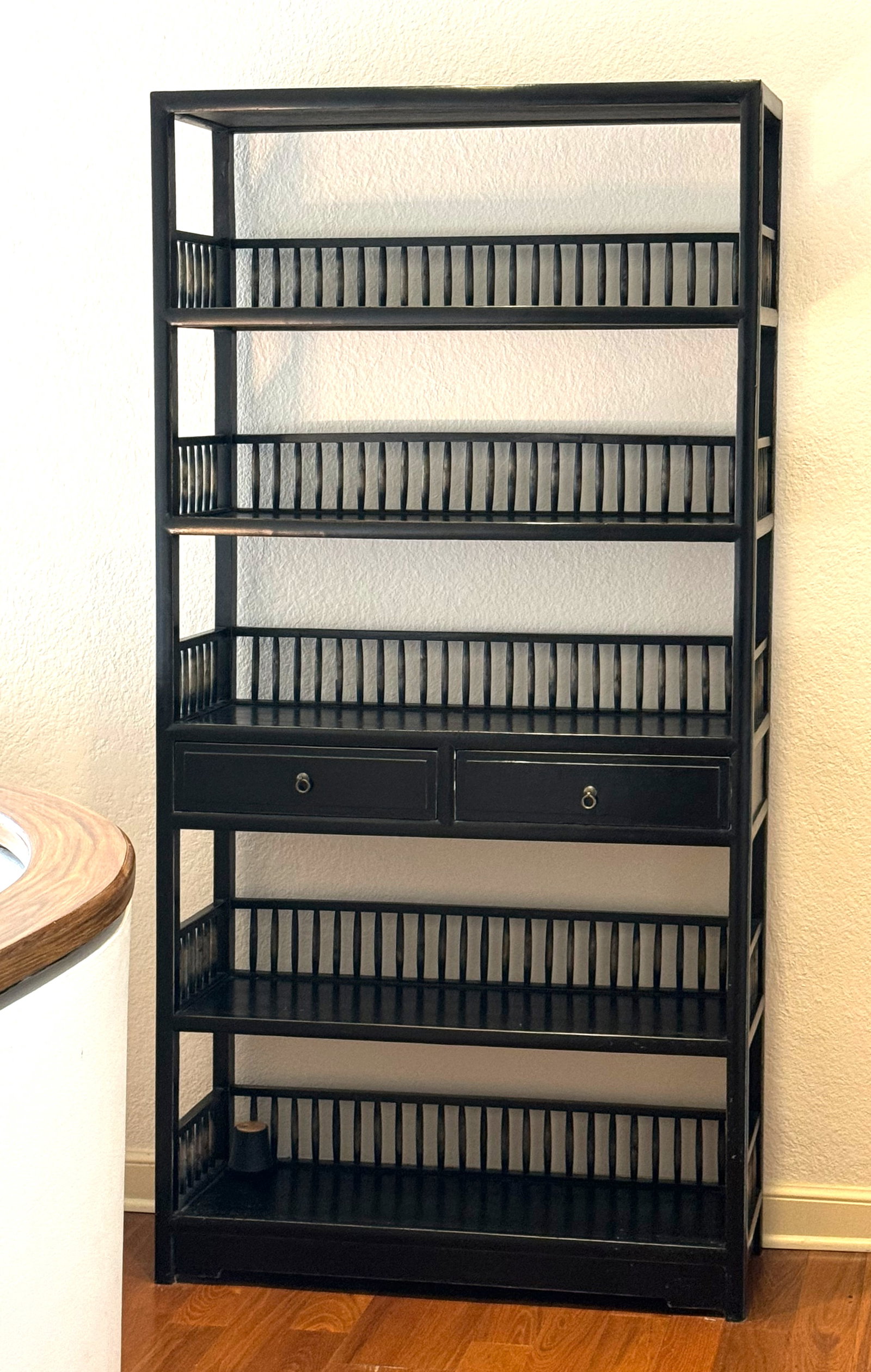 Asian Style Five-Tiered Black Lacquer Etegere: Asian Style Five-Tiered Black Lacquer Etegere Each with a three-quarter spindle-inset gallery, the center most fitted with two drawers. Height 78.5 in., Width 39 in., Depth 13.5 in.