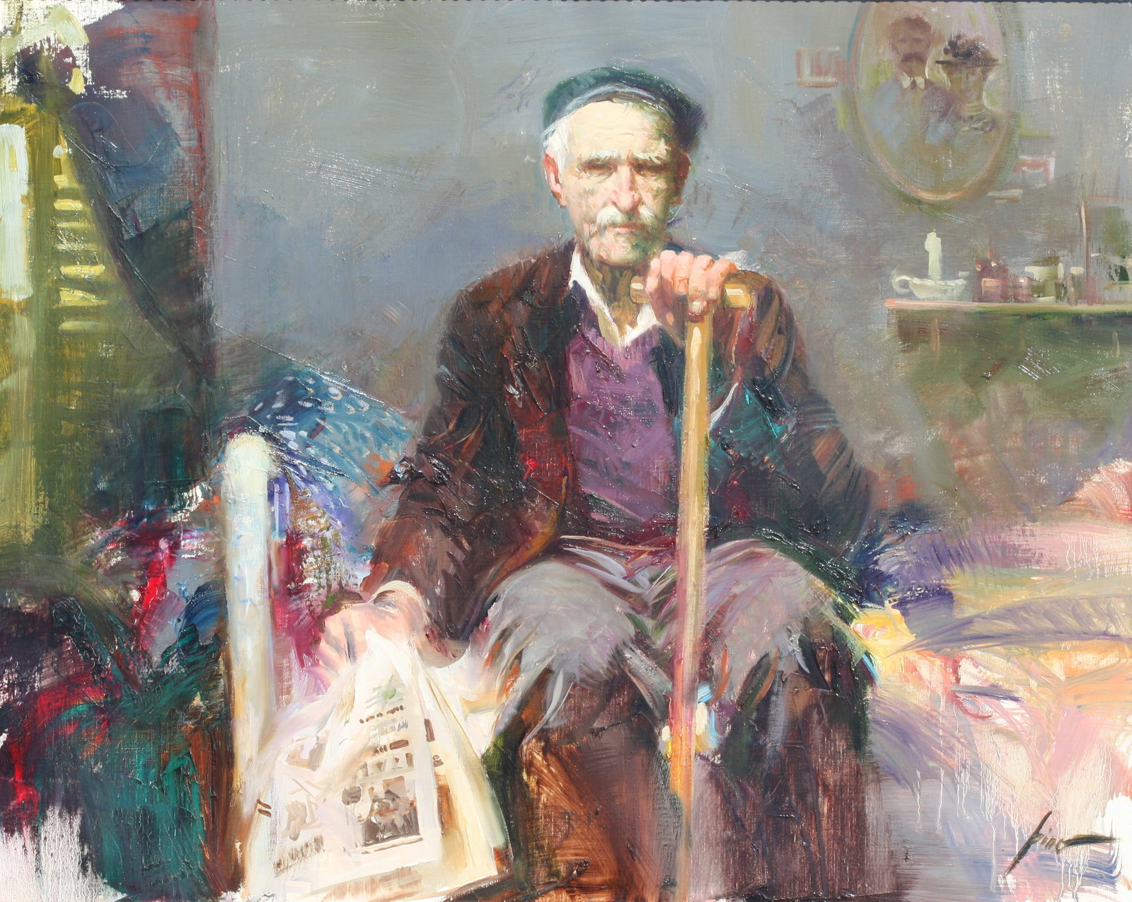 Giuseppe Dangelico Pino, (Italian/American, 1939-2010), Painting: Giuseppe Dangelico Pino, (Italian/American, 1939-2010) After the News, oil on canvas, signed Pino, l.r. 24 by 30 in., overall, in a giltwood frame, 33 by 40 in. Provenance: private Collection, Fl. Add