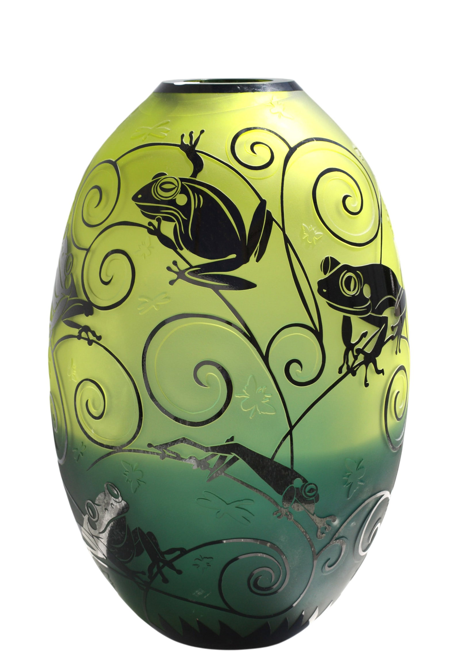 Duncan McClellan (American, b. 1953), Orrefors, Sweden: Duncan McClellan (American, b. 1953), An Impressive Orrefors Cameo Cut Vase, Sweden Signed, the oval vase with chartreuse ombre coloring, cut and layered with black frogs and large swirls, dotted with