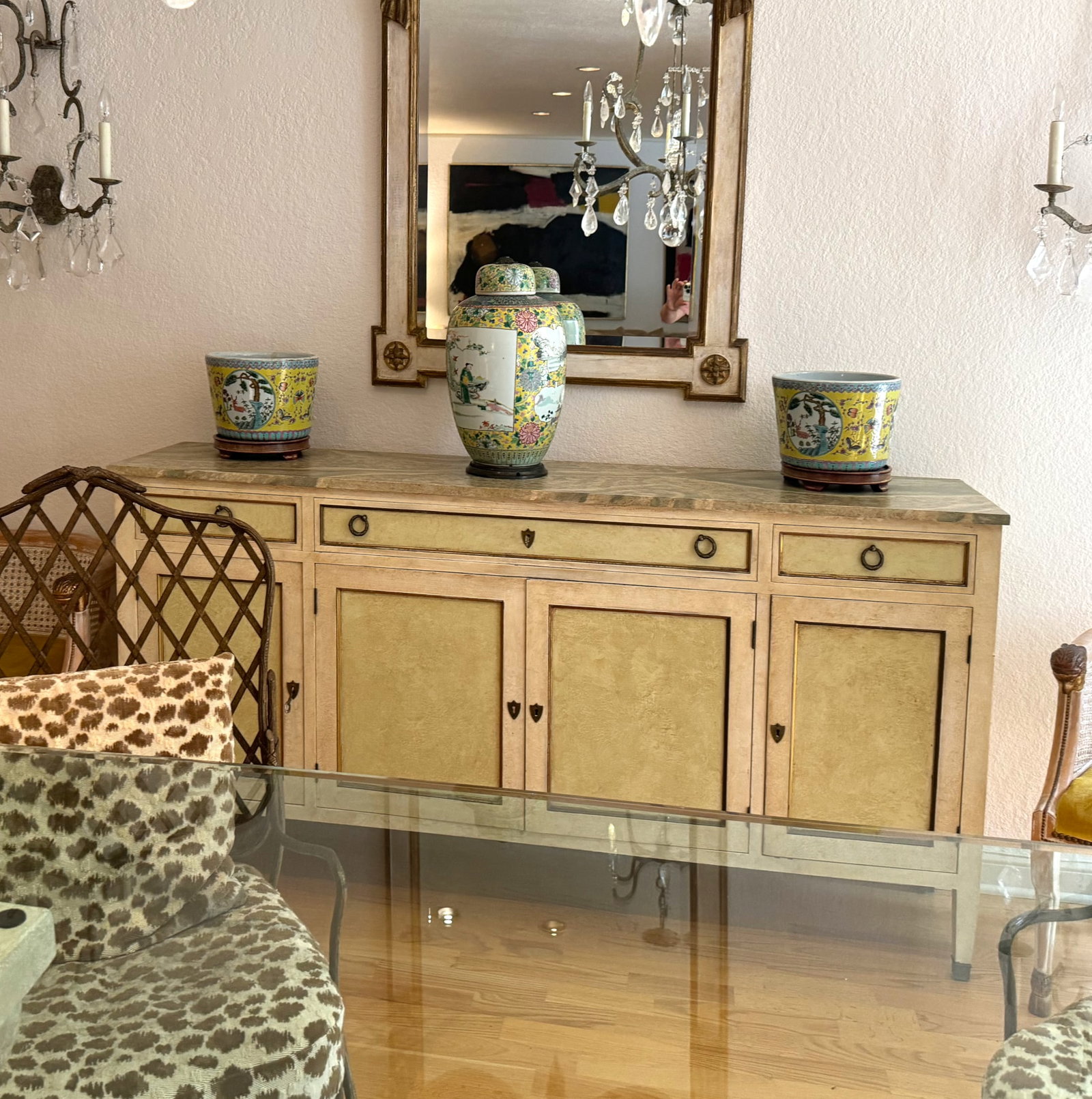 Italian Neoclassical Style Painted Side Cabinet/Buffet: Italian Neoclassical Style Painted Side Cabinet/Buffet The rectangular faux marble top above a conforming case with three drawers over four panel-inset doors, on squared tapered legs, painted cream