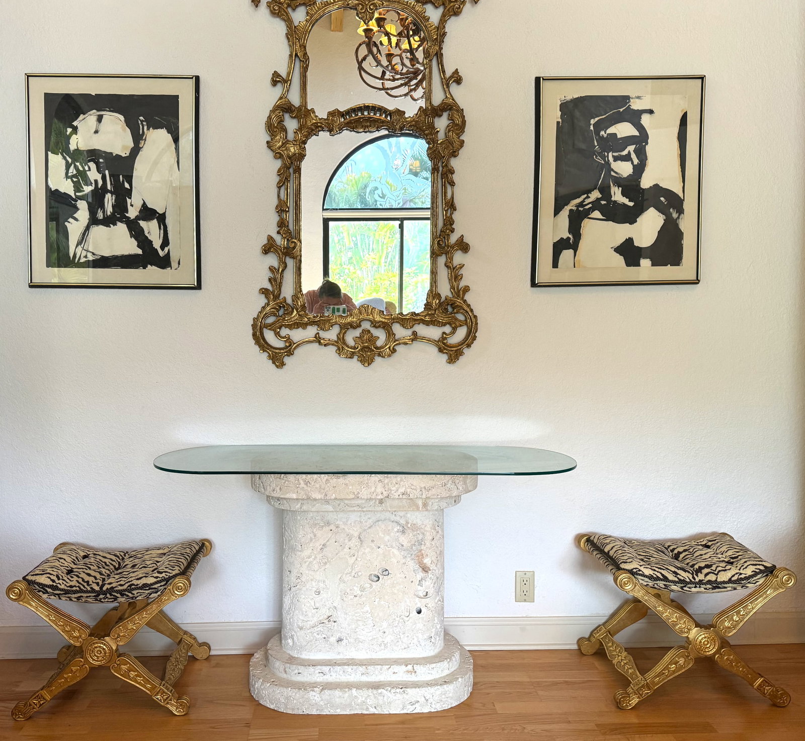 Contemporary Glass Top Coral Pedestal/Side Table: Contemporary Glass Top Coral Pedestal/Side Table The oval glass top, set upon a carved oval shaped coral pedestal base. Height of pedestal 30 in., Width 29 in., Depth 16 in., the glass top, 53.5 by