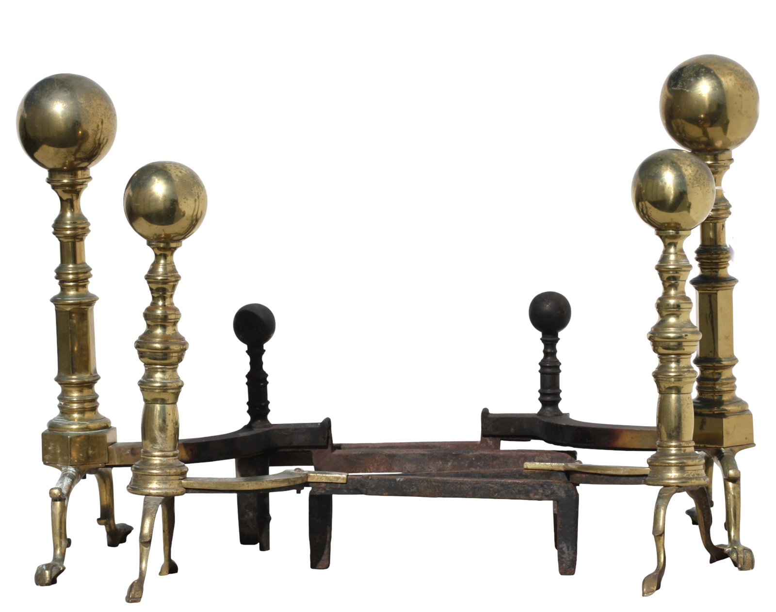 Two Pair of American Federal Brass Andirons: Two Pair of American Federal Brass Andirons Late 18th/early 19th Century. The first with ball finials with turned and hexagonal shafts, with arched legs and claw-and-ball feet, the second, with ball f