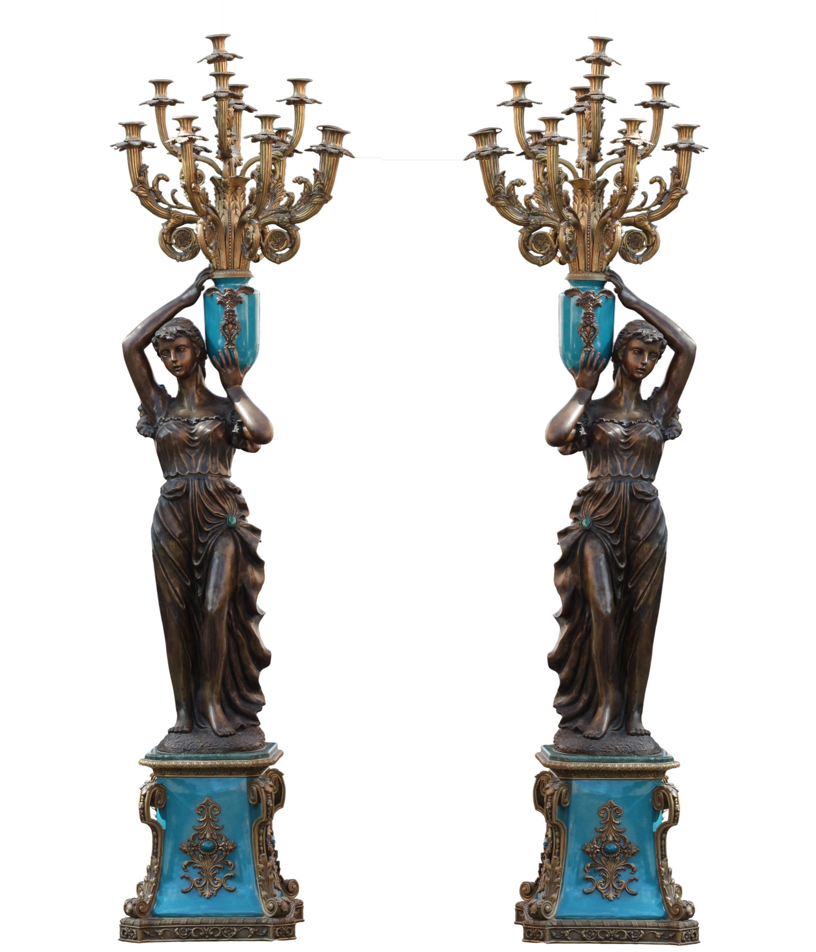 Pair Neoclassical Style Bronze & Enamel Light Figural Torchiere: Pair Neoclassical Style Bronze & Enamel Light Figural Torchiere Each a classical maiden holding aloft an enameled urn supporting bronze scrolled candle arms, all above triangular enameled bronze bases
