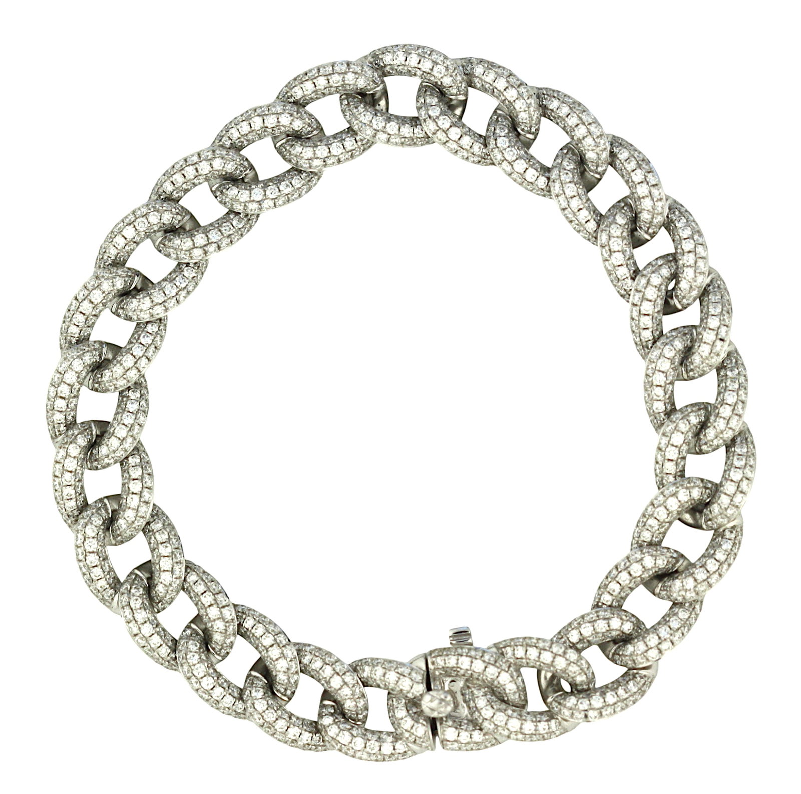 White Gold and Diamond Bracelet: Elegant and contemporary, this striking 14K white gold bracelet features a bold Cuban-link design completely adorned with brilliant round-cut diamonds in a dazzling pavé setting. Measuring approximat
