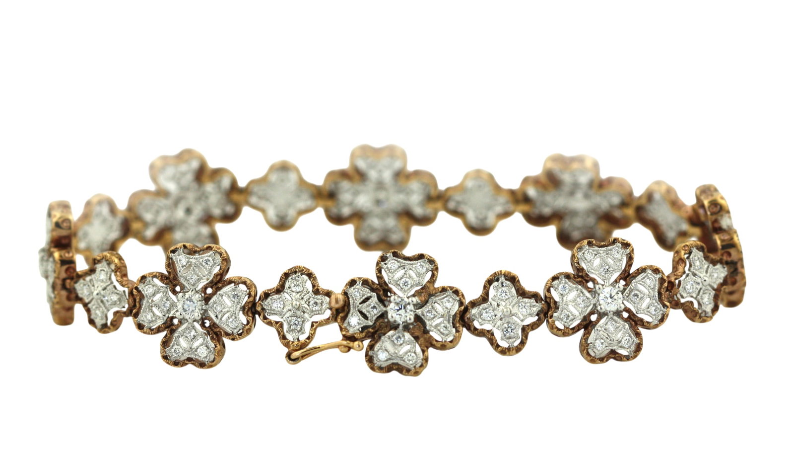 18K Gold and Diamond Floral Bracelet: 18K Gold and Diamond Floral Bracelet Elegant 18K gold bracelet designed with alternating floral and diamond-shaped links, set throughout with approximately 128 round diamonds weighing approximately 0.