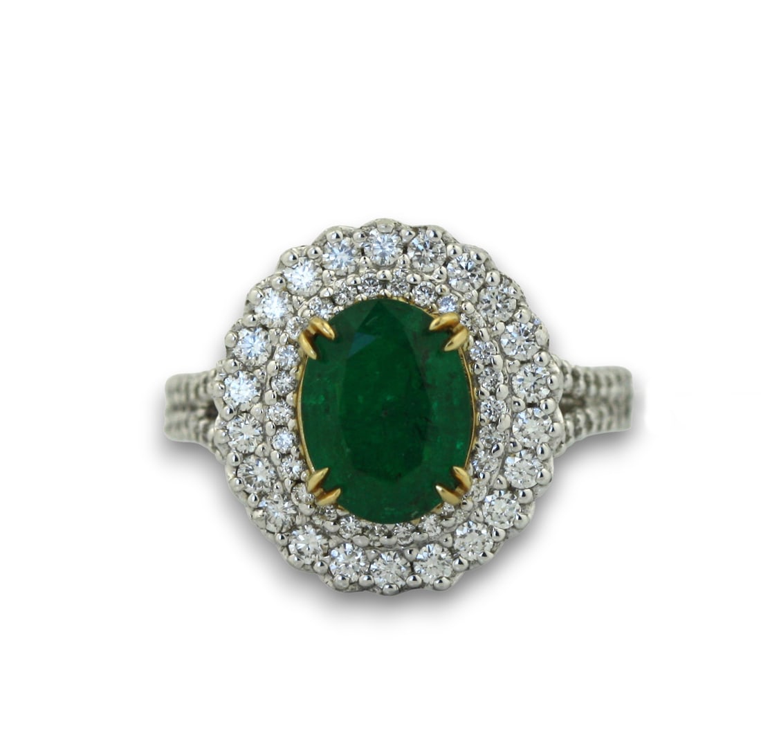 18K White Gold GIA Natural Emerald and Diamond Ring.: 18K White Gold GIA Natural Emerald and Diamond Ring. Centering one oval-cut natural emerald weighing approximately 2.26 carats, surrounded by ninety-eight round brilliant-cut diamonds weighing approxi