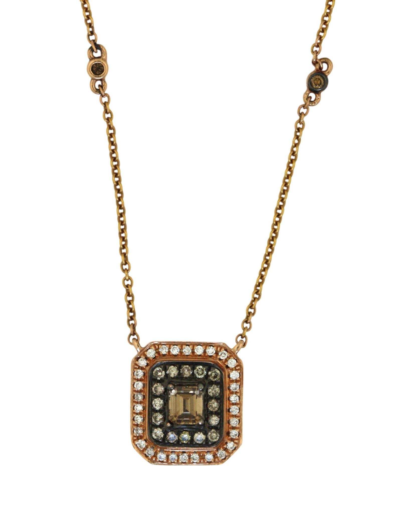 Champagne and White Diamond Pendant Necklace: Champagne and White Diamond Pendant Necklace in 14K Rose Gold. Designed as an octagonal pendant centering one emerald-cut champagne diamond weighing approximately 0.43 carats, surrounded by twenty rou