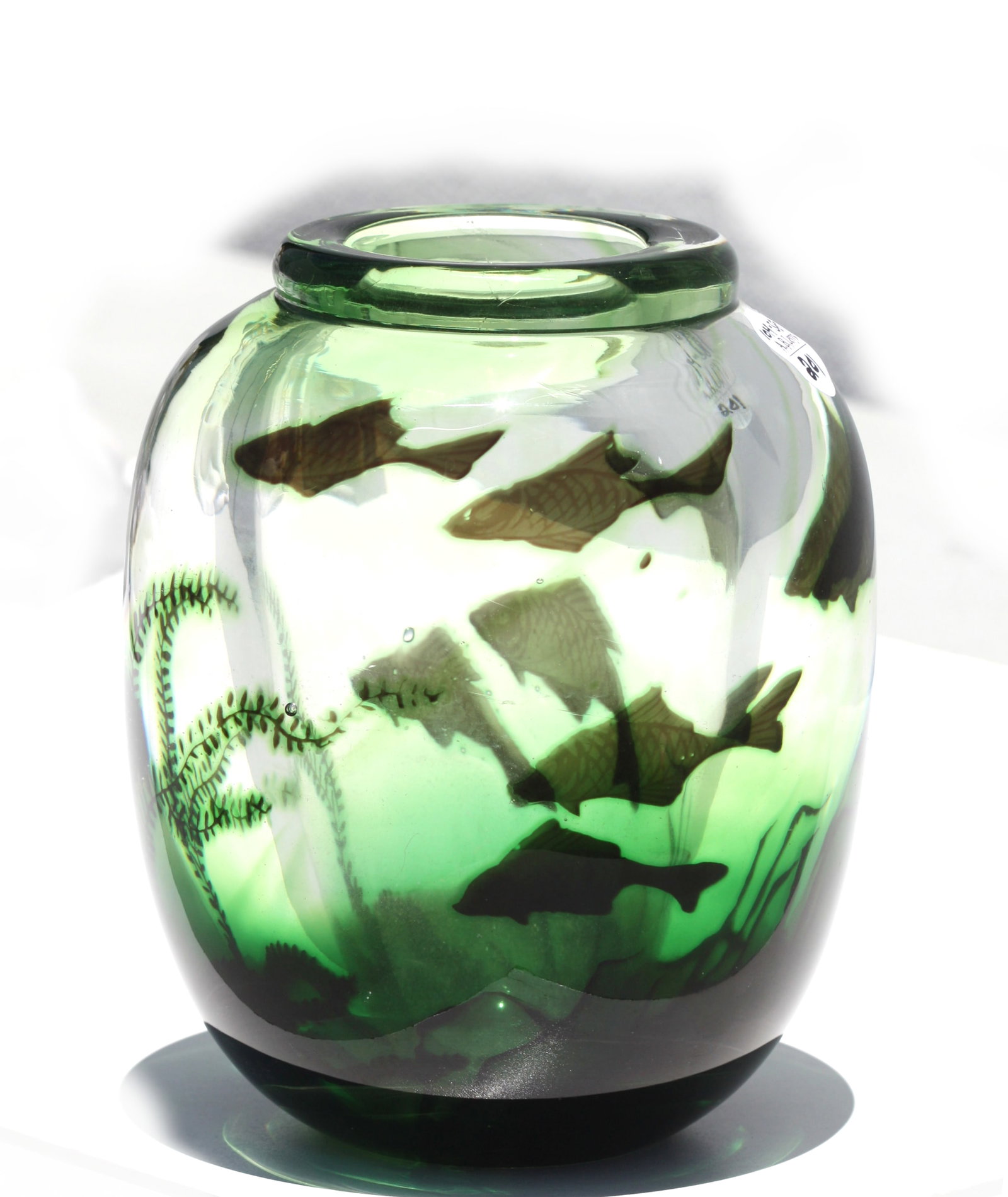 Orrefores Internally Decorated Green & Colorless Glass Fishbowl Vase: Orrefores Internally Decorated Green & Colorless Glass Fishbowl Vase Signed, numbered. The ovoid vessel with a raised rim decorated in tones of green. Height 7.5 in., Diameter at mid body 6 in.