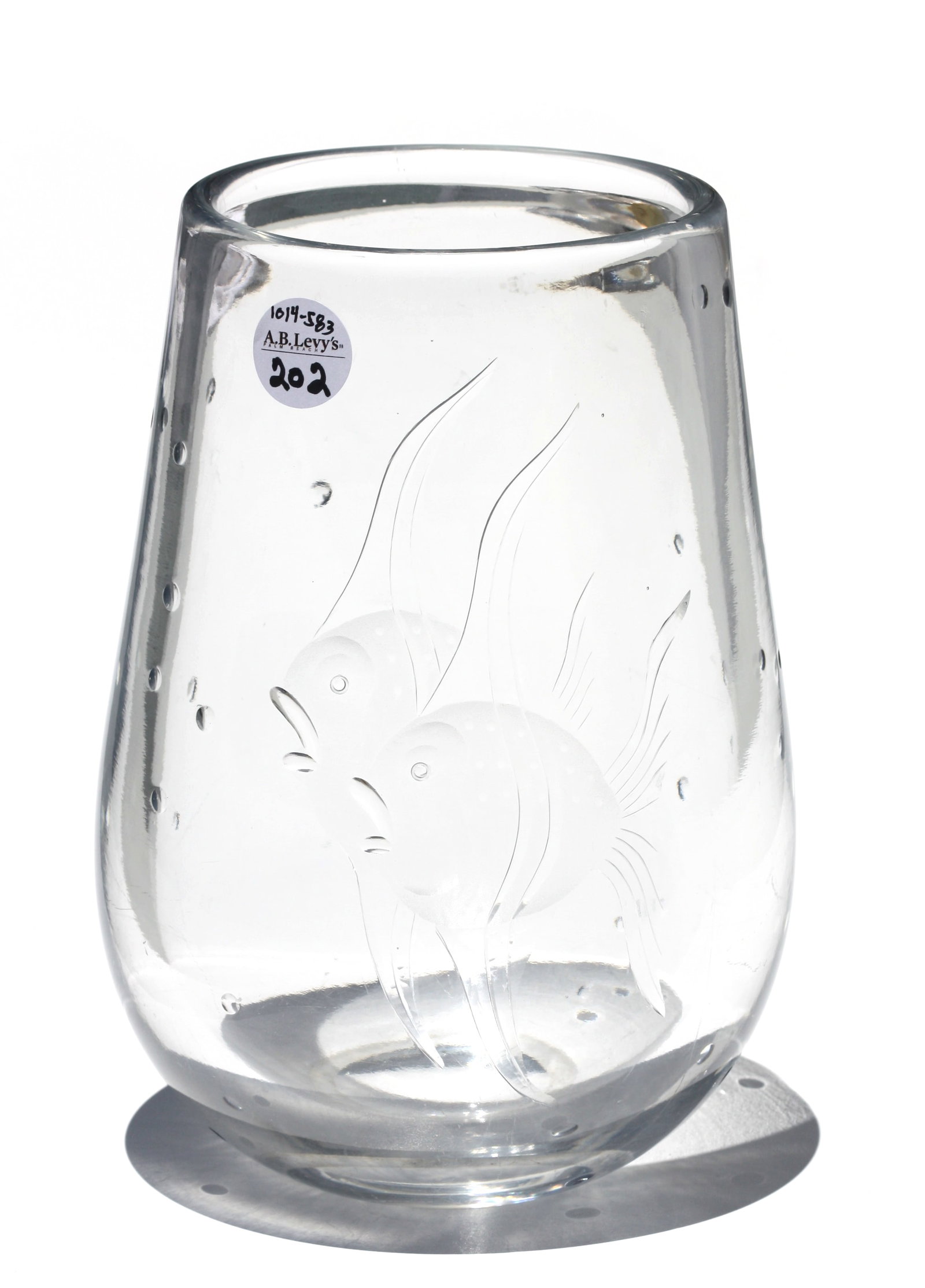 Orrefores Etched Glass Vase: Orrefores Etched Glass Vase signed, numbered on the underside. The flared ovoid vessel etched and cut with two fish, further decorated with impressed circular divits imitating bubbles. Height 9.5 in.,