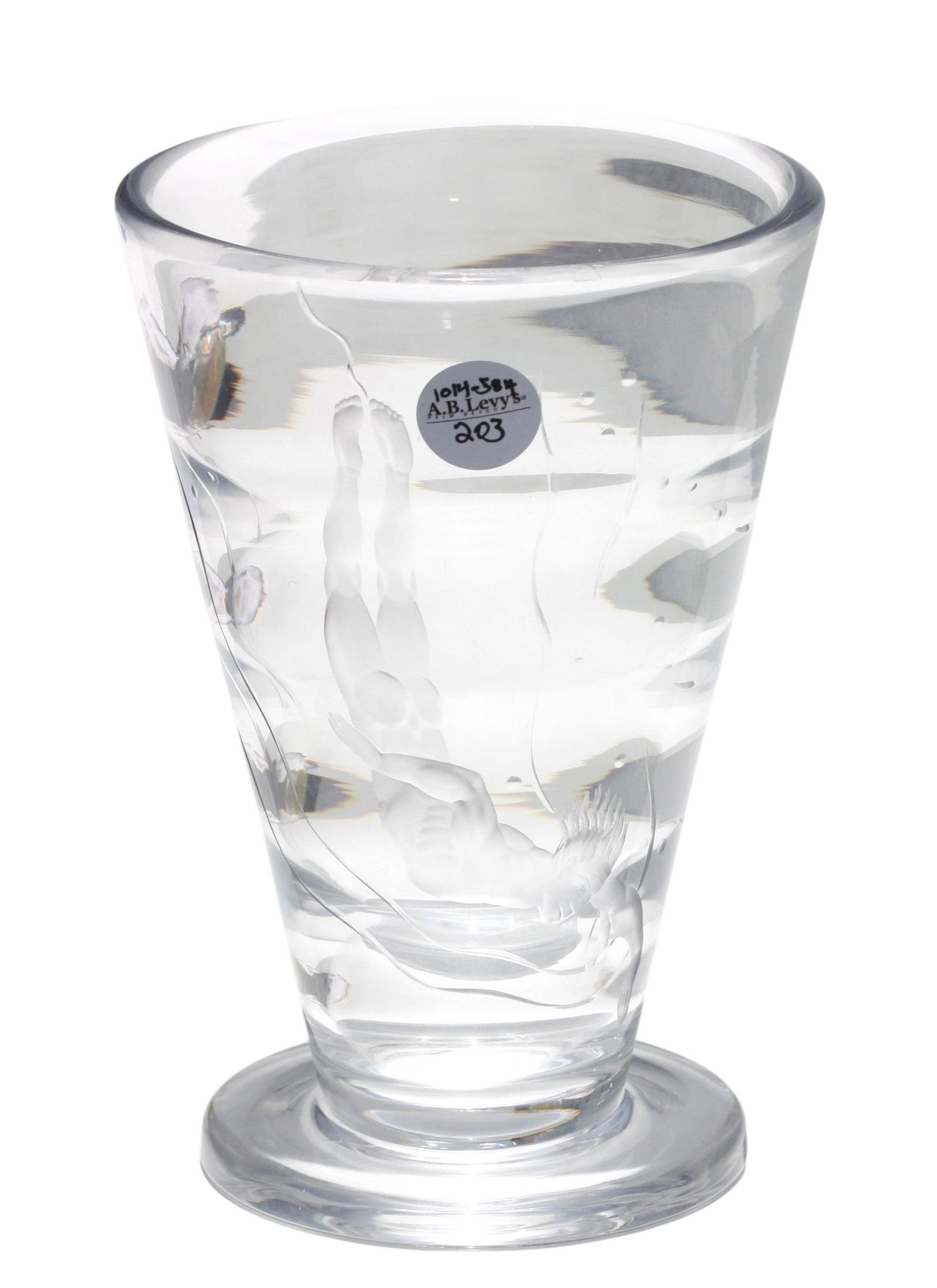 Orrefores Etched and Cut Glass VaseGlass Vase: Orrefores Etched and Cut Glass VaseGlass VaseSigned on the underside. The colorless glass vase of tapered cylindrical form with a circular raised foot, decorated with a swimming male nude. Height 8.5 