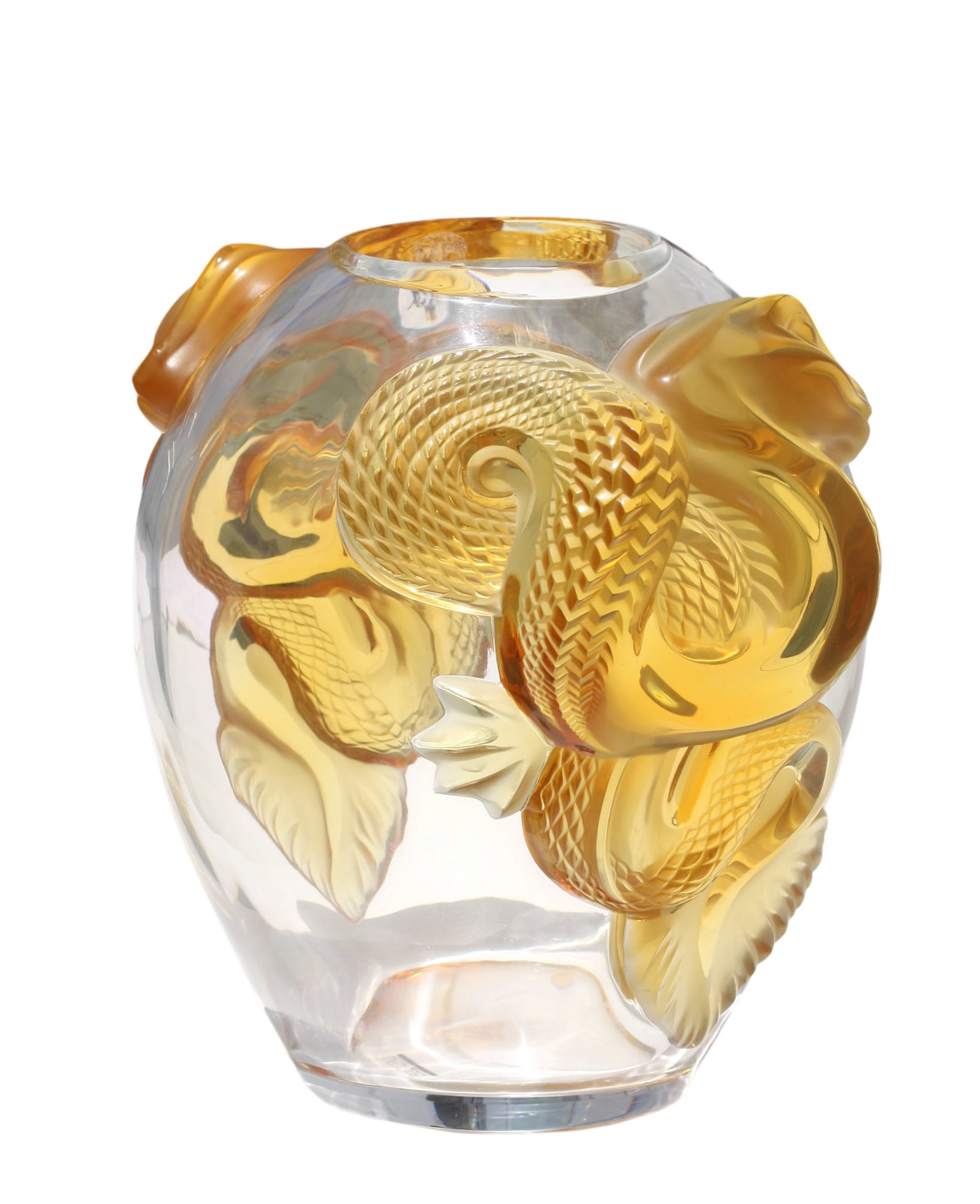 Lalique France Two-Toned Dragon Vase: Lalique France Two-Toned Dragon Vase Signed, numbered 66/99, also with label. The limited edition shaped spherical colorless vase, molded with an amber colored dragon on each side. Height 11.5 in., Di