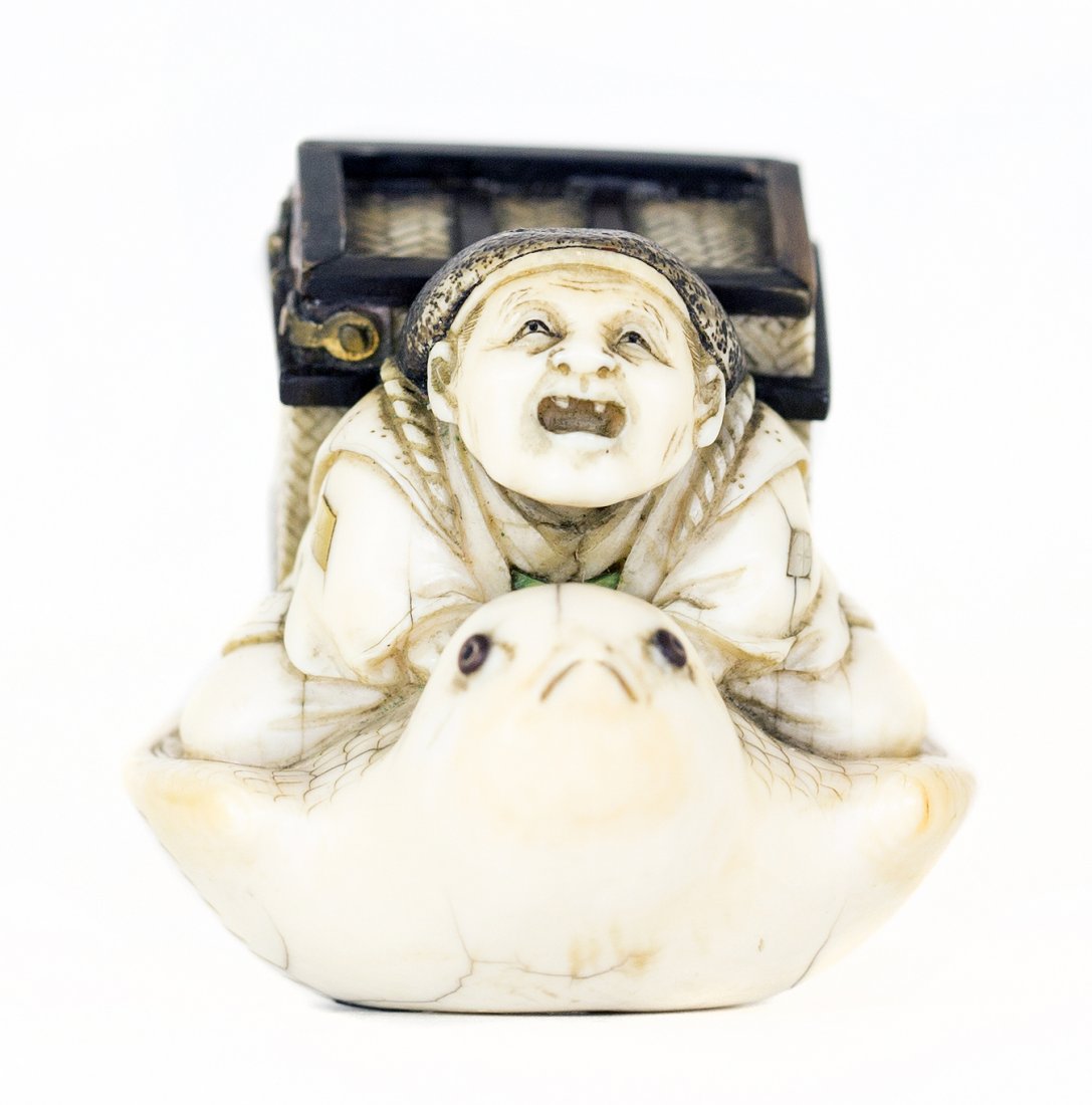 JAPANESE CARVED IVORY NETSUKE, Meiji Period (1868-1912): PROPERTY FROM A FLORIDA COLLECTION JAPANESE CARVED IVORY NETSUKE Meiji Period (1868-1912). Signed. Of an old farmer, riding a sparrow. (Legend of the Tongue-Cut Sparrow) Height 1 3/4 inches.