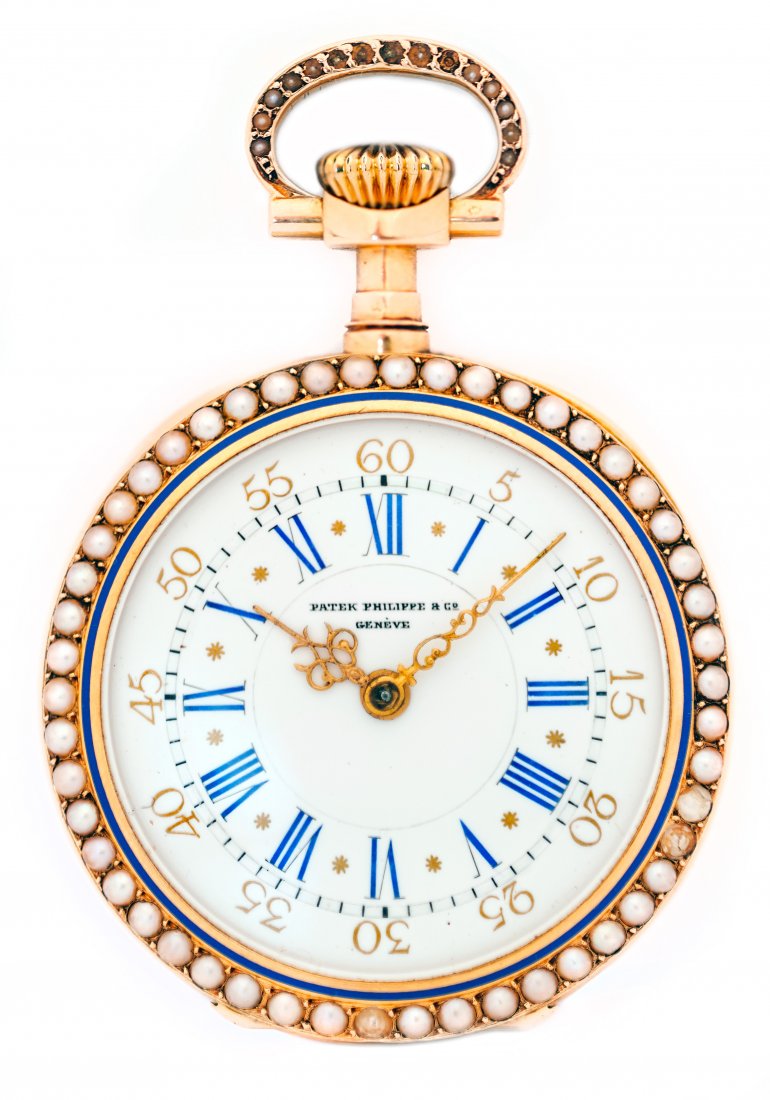 FINE AND RARE PATEK PHILIPPE ENAMEL PENDANT WATCH: FINE AND RARE PATEK PHILIPPE ENAMEL PENDANT WATCH Very fine and Beautiful 18K pink gold enamel keyless pendant watch. Bezel and back rim set with pearls, case back deco- rated with a painted enamel sc