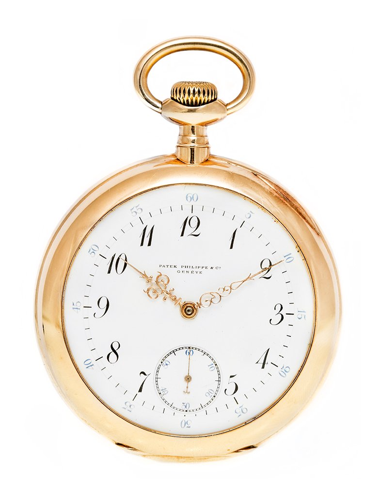 PATEK PHILIPPE POCKET WATCH: PATEK PHILIPPE POCKET WATCH Rose gold 14K open-face keyless pocket watch. White enamel dial, Breguet numerals, subsidiary seconds, circular polished case. Dial and movement signed Patek Philippe & Co.