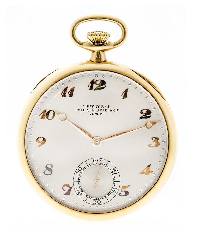 PATEK PHILIPPE 18K YELLOW GOLD POCKET WATCH: PATEK PHILIPPE 18K YELLOW GOLD POCKET WATCH Retailed by Tiffany & Co. Open-face, keyless pocket watch. Silvered dial, applied Breguet numerals, subsidiary seconds, circular polished case, signed Tiffa