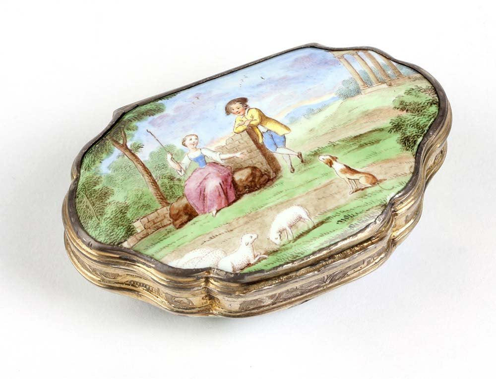TWO ENAMEL DECORATED SILVER SNUFF BOXES: PROPERTY OF A DELRAY BEACH GENTLEMAN TWO ENAMEL DECORATED SILVER SNUFF BOXES One French cartouche shaped, hallmarked with date for 1738. And one Italian snuff box, dated late 19th century, marked 800/